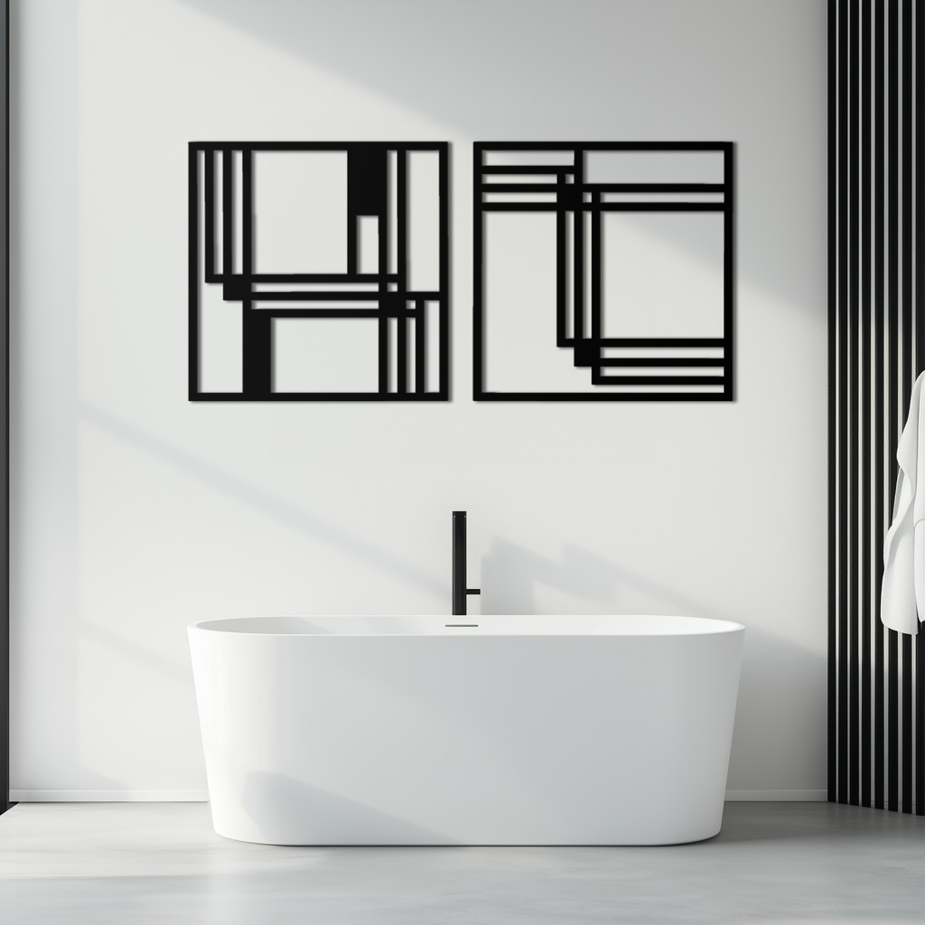 Modern Abstract Rectangles Metal Wall Art – Geometric Minimalist Black Steel Decor, 2 Panel Set for Contemporary Interiors- KAF433