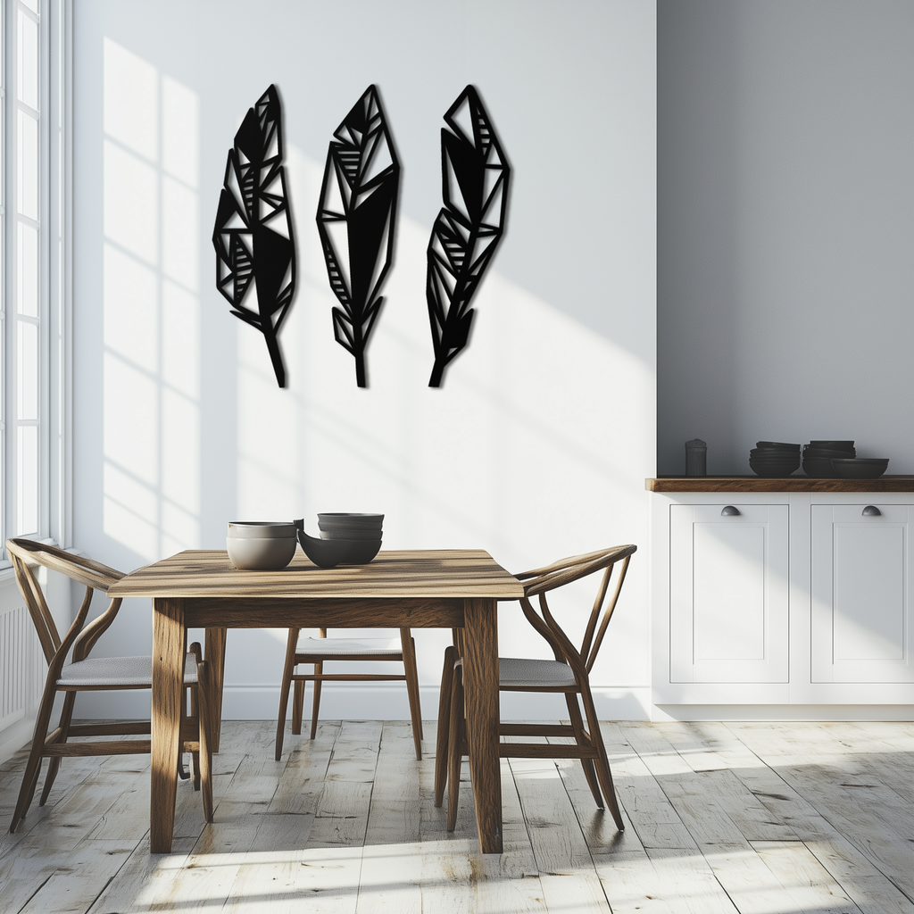 Geometric Feather Trio Metal Wall Art – Abstract Minimalist Black Steel Feather Set for Modern Bohemian Interiors- KAF434