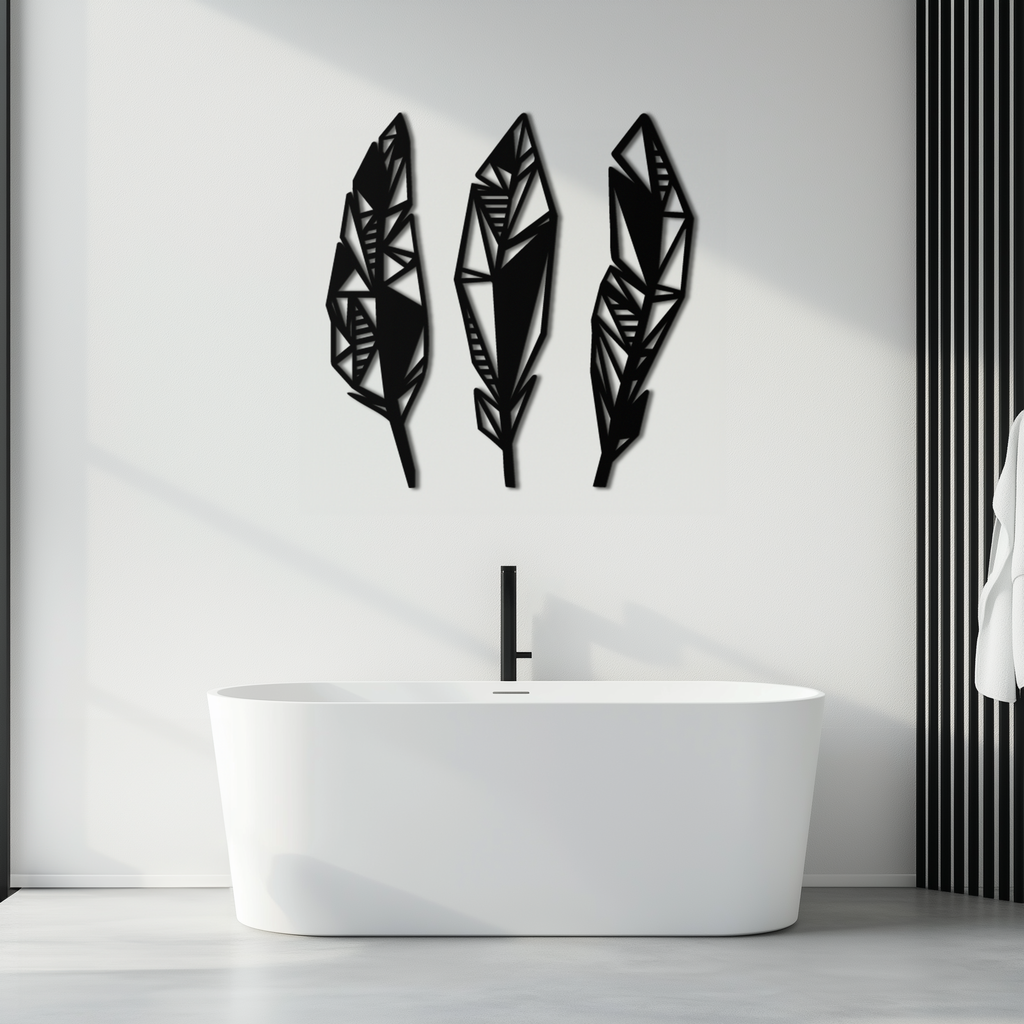 Geometric Feather Trio Metal Wall Art – Abstract Minimalist Black Steel Feather Set for Modern Bohemian Interiors- KAF434