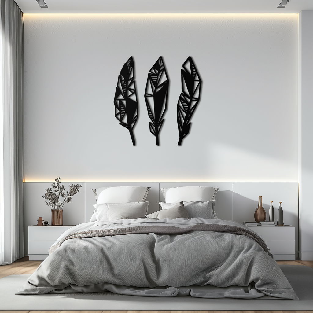 Geometric Feather Trio Metal Wall Art – Abstract Minimalist Black Steel Feather Set for Modern Bohemian Interiors- KAF434