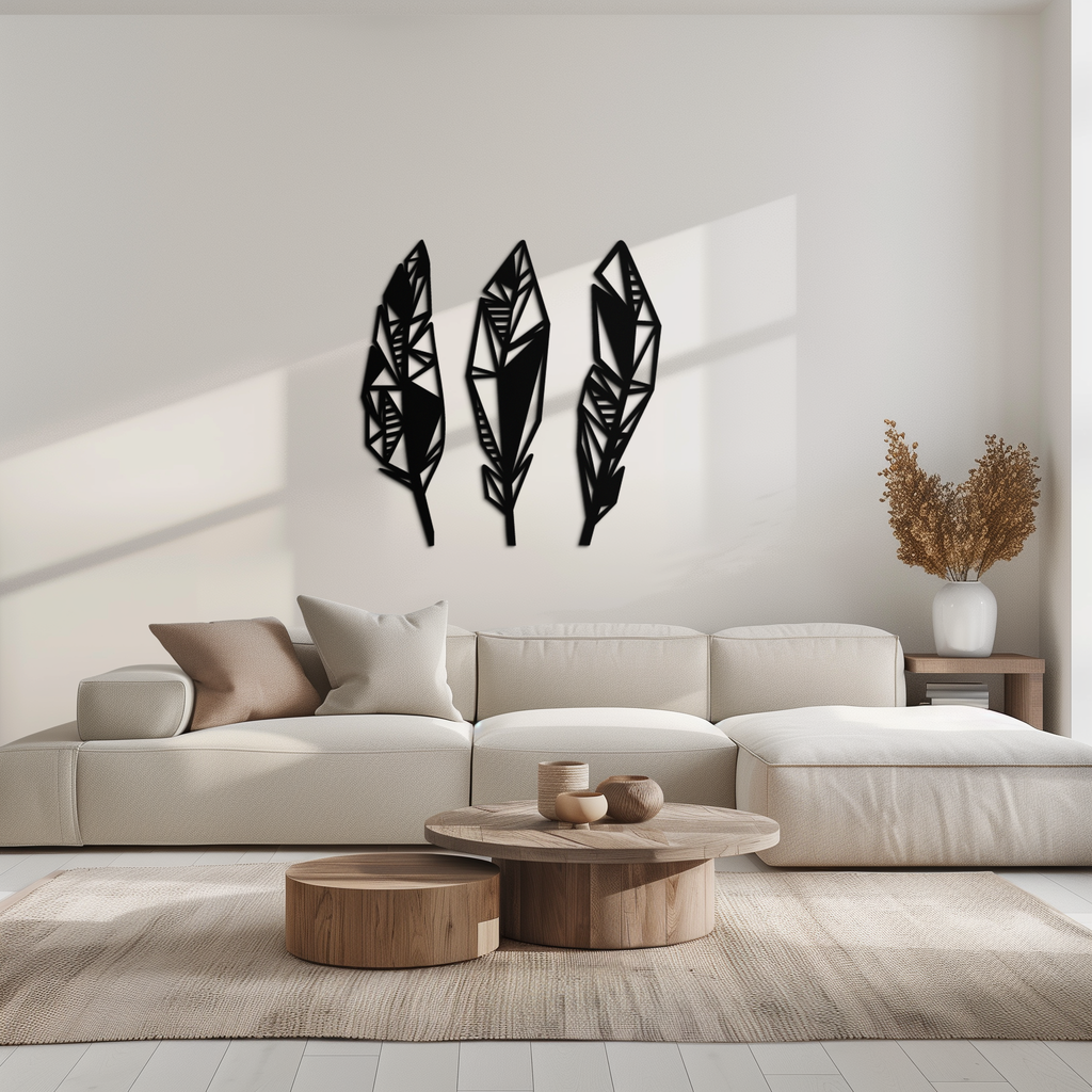 Geometric Feather Trio Metal Wall Art – Abstract Minimalist Black Steel Feather Set for Modern Bohemian Interiors- KAF434