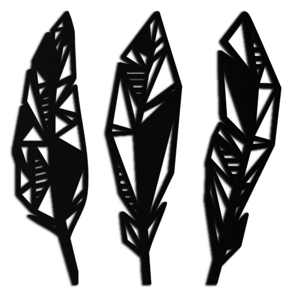 Geometric Feather Trio Metal Wall Art – Abstract Minimalist Black Steel Feather Set for Modern Bohemian Interiors- KAF434