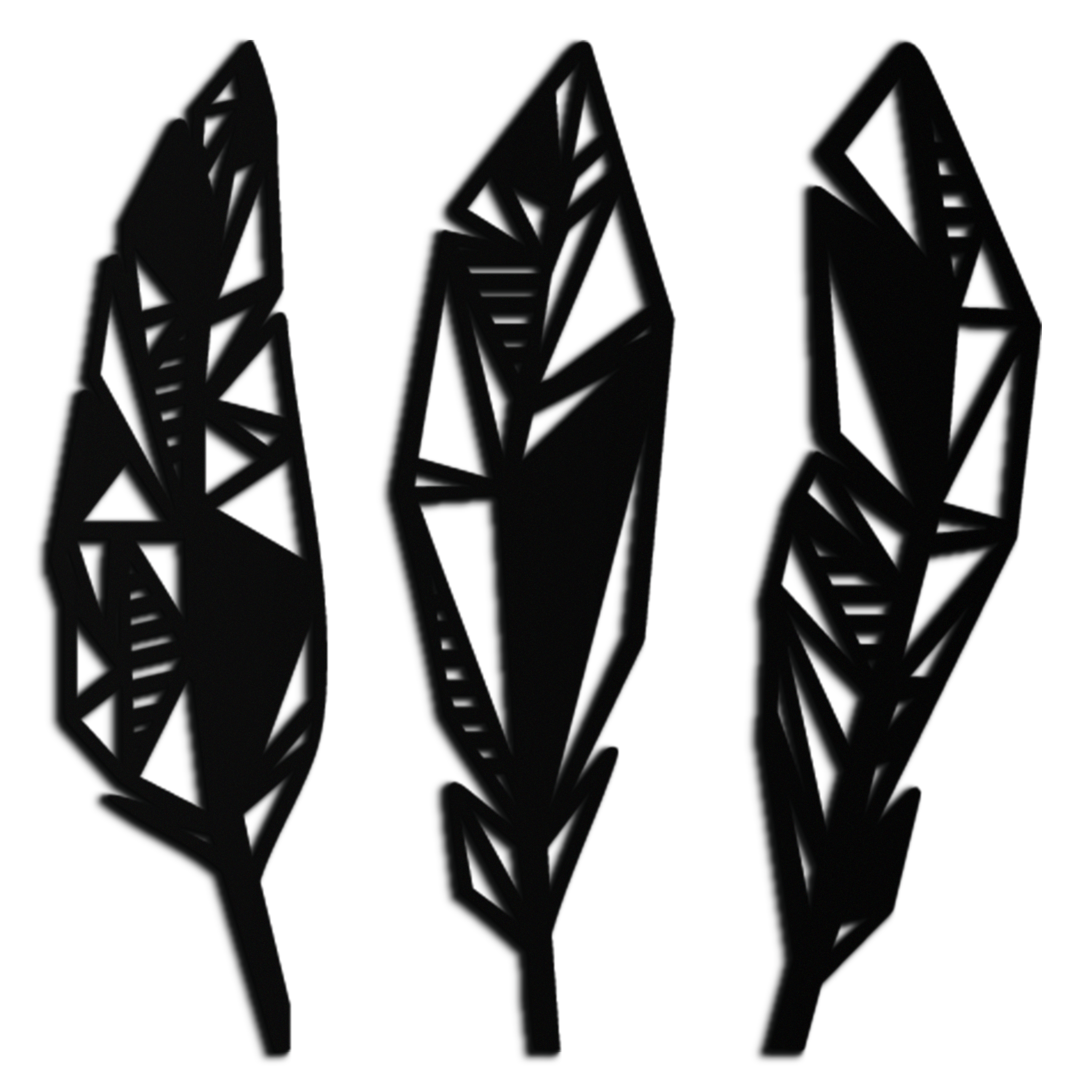 Geometric Feather Trio Metal Wall Art – Abstract Minimalist Black Steel Feather Set for Modern Bohemian Interiors- KAF434