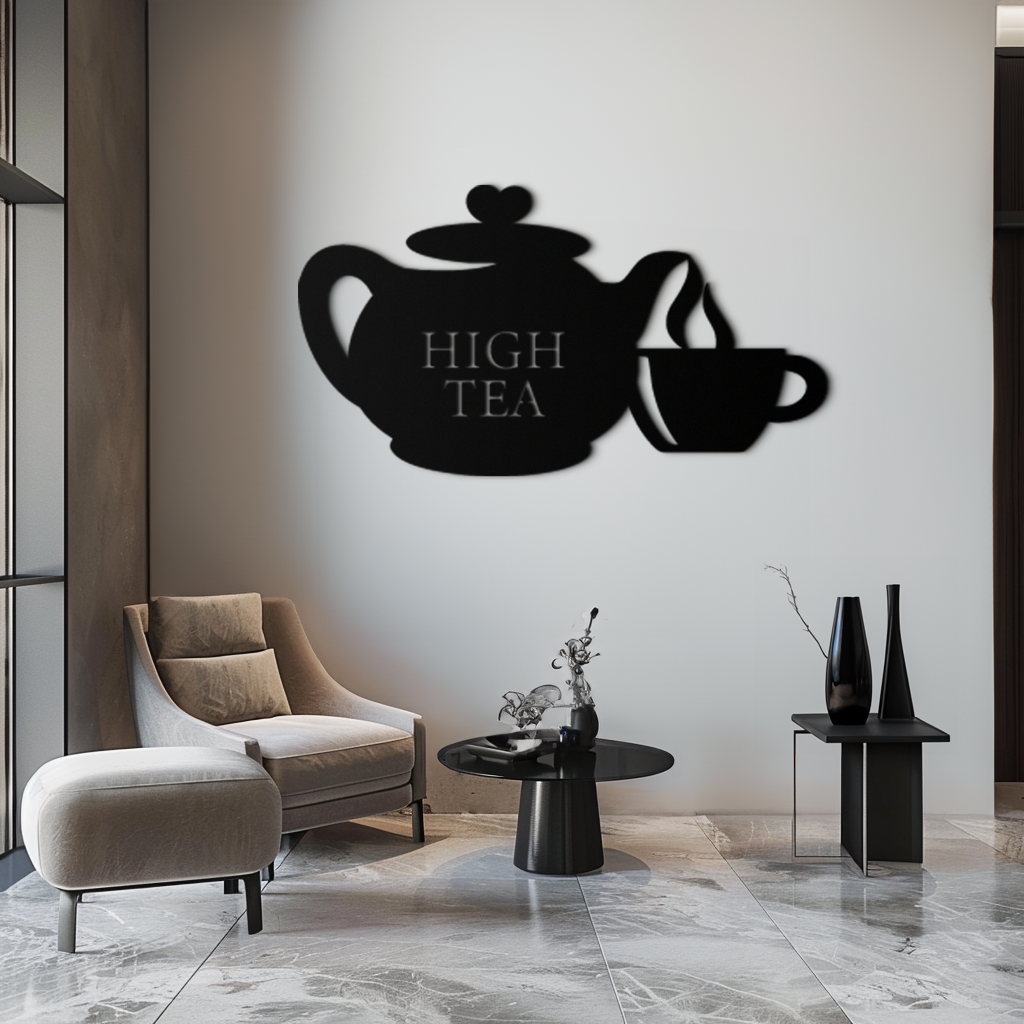 High Tea Teapot & Cup Metal Wall Art – Elegant Black Steel Tea-Time Decor for Kitchen, Café, and Dining Spaces- KAF440