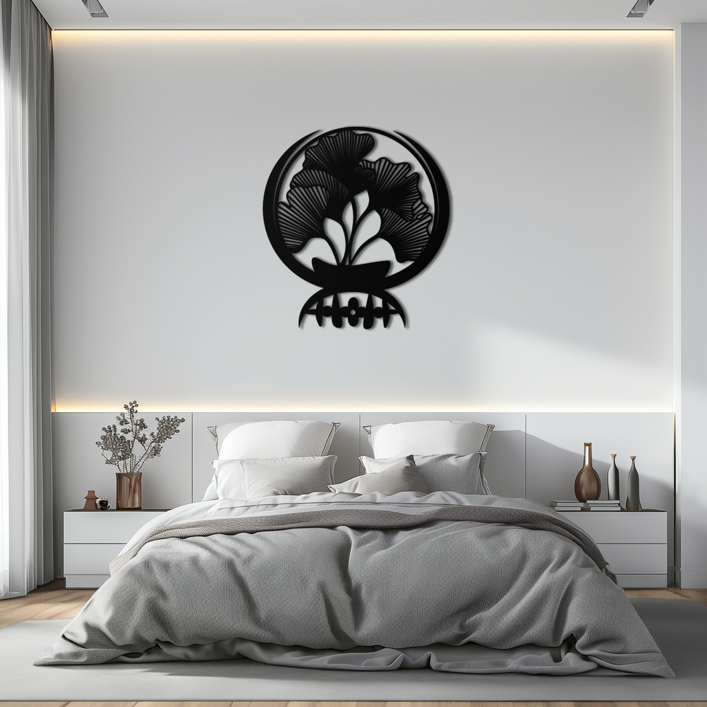 Ginkgo Leaves Abstract Metal Wall Art – Elegant Nature-Inspired Black Steel Decor for Modern Home Interiors- KAF441