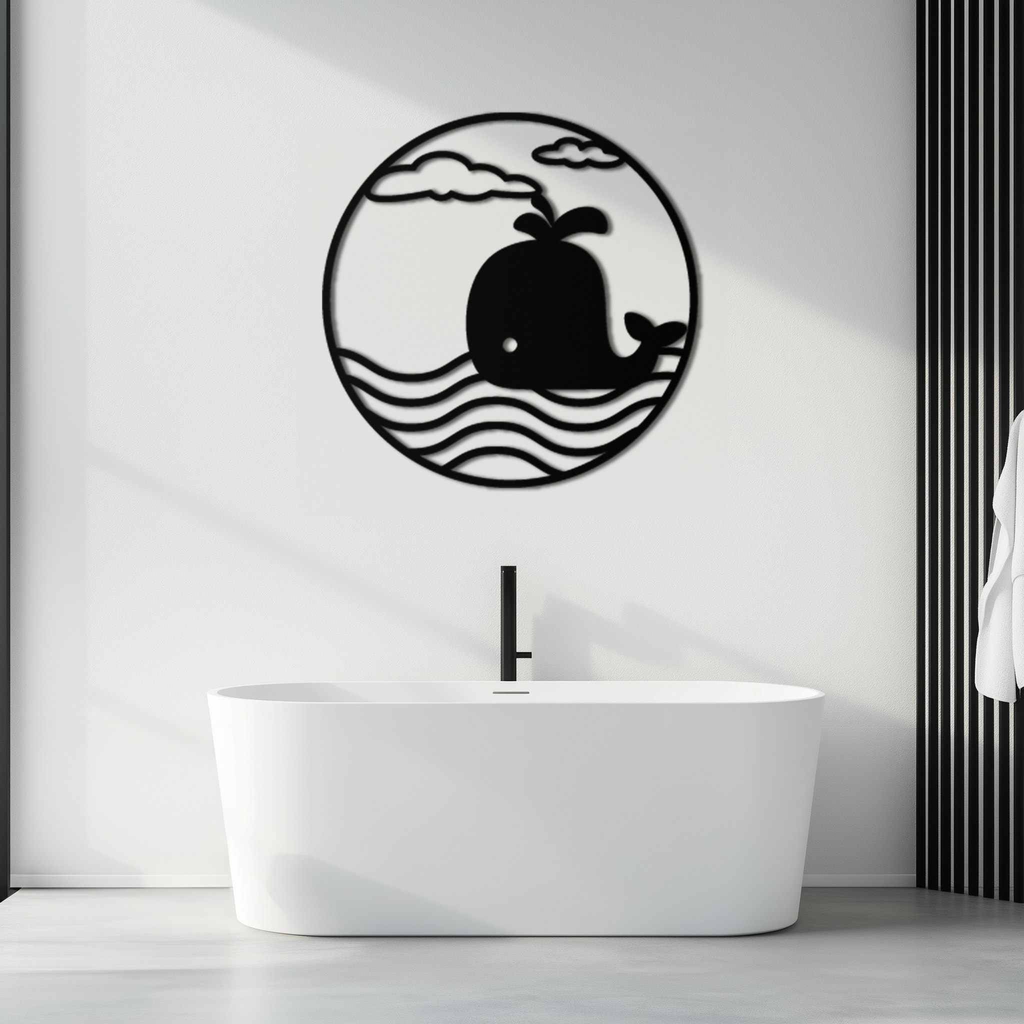 Cute Whale Ocean Scene Metal Wall Art – Playful Circular Black Steel Decor for Kids Rooms, Nurseries, and Coastal Interiors- KAF443