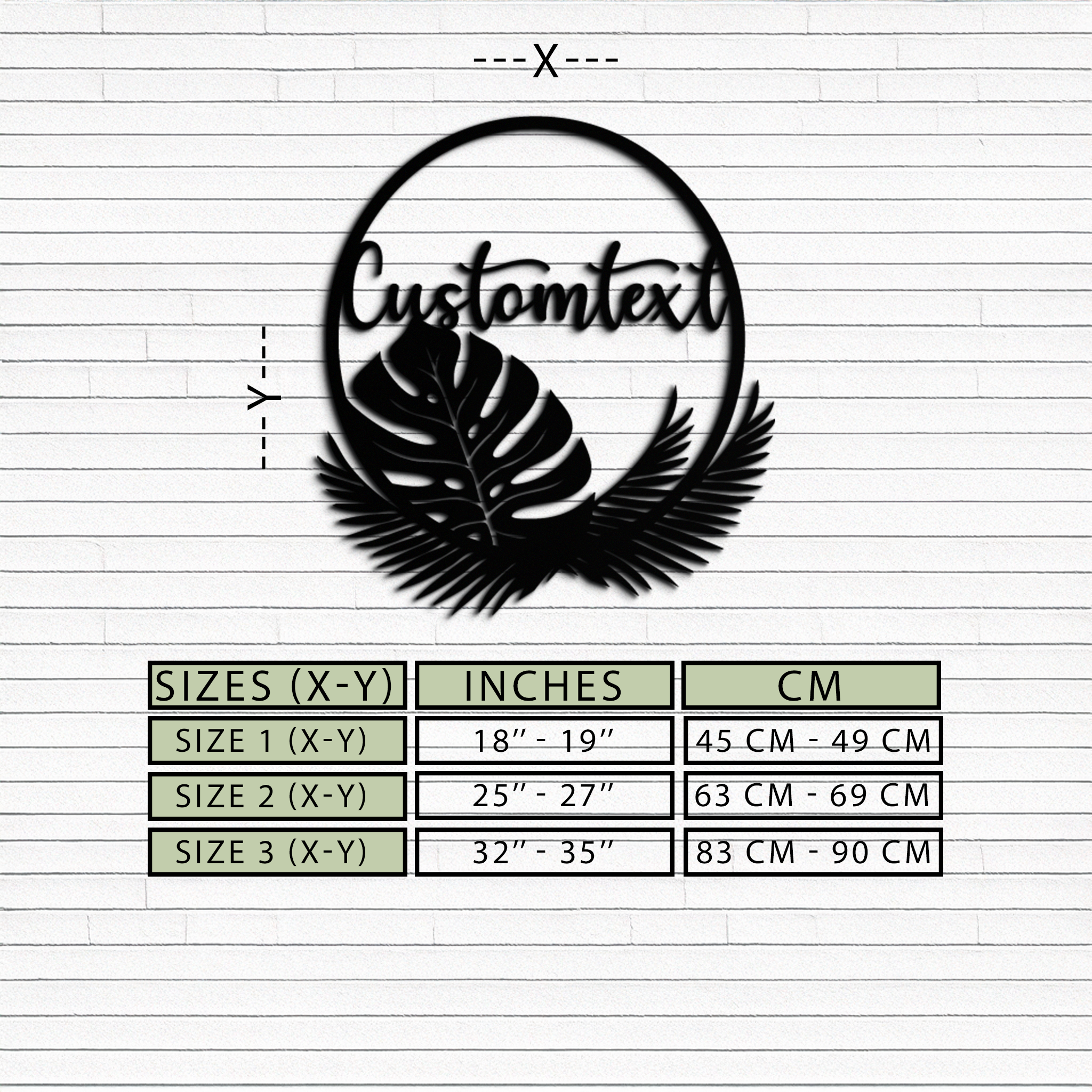Personalized Tropical Leaves Metal Wall Art – Custom Text Circular Black Steel Decor for Modern Home and Event Spaces- KAF444