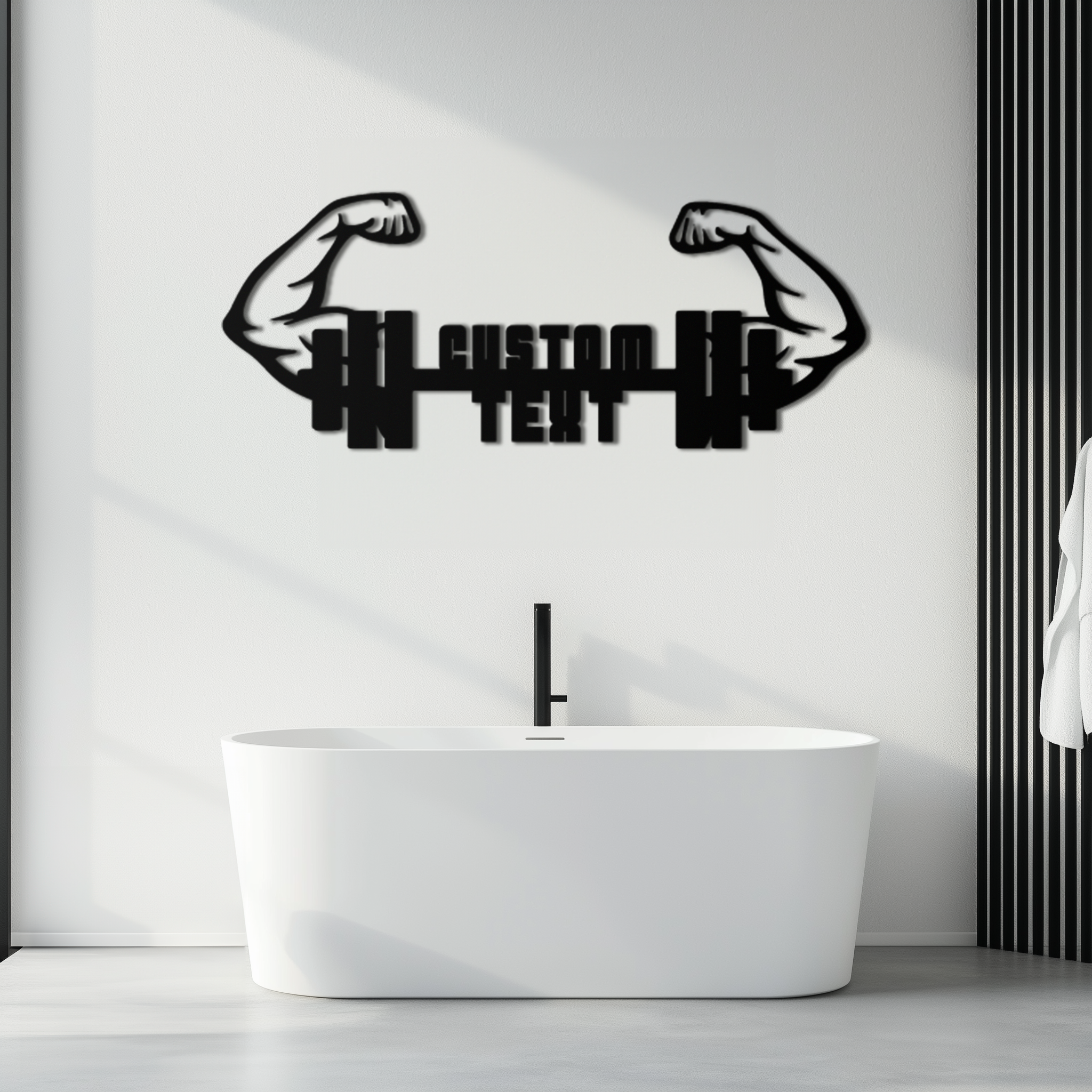 Personalized Fitness Barbell Metal Wall Art – Custom Text Muscular Arms Black Steel Decor for Gym and Workout Spaces- KAF448