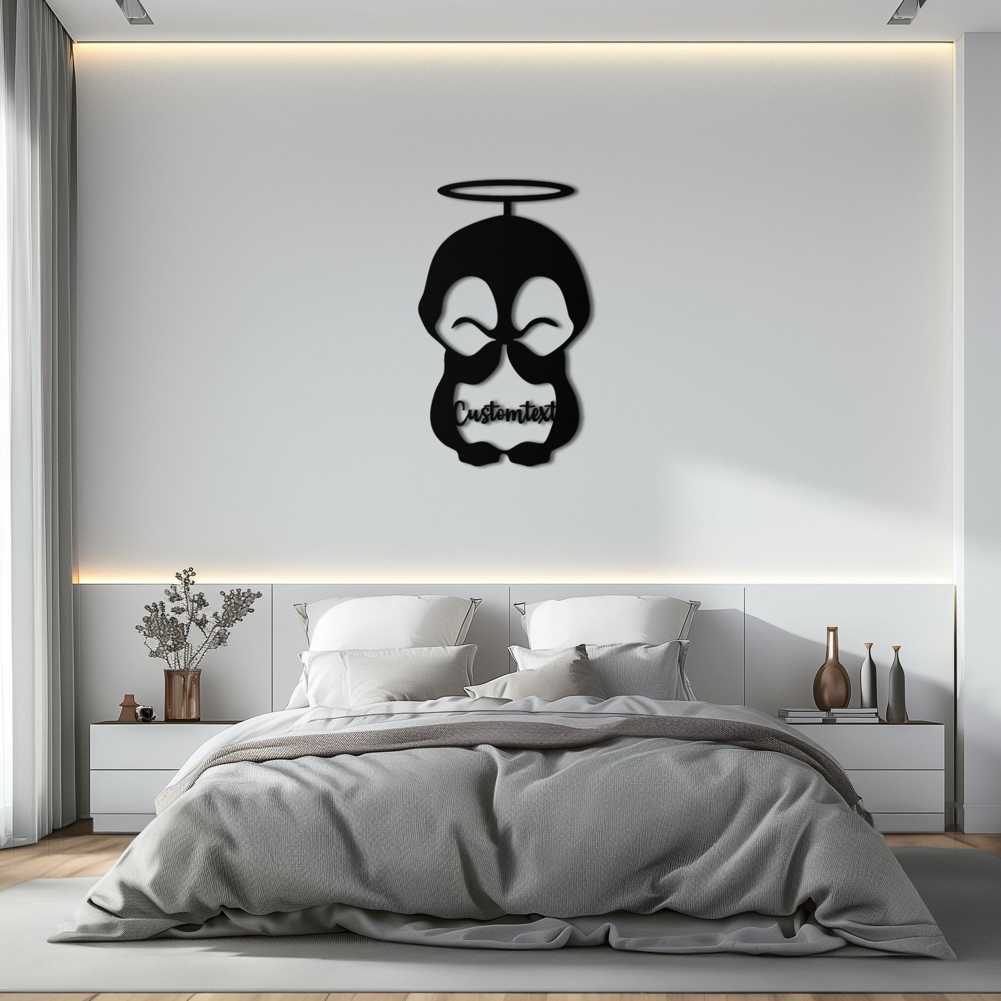 Personalized Cute Angel Penguin Metal Wall Art – Custom Text Adorable Black Steel Decor for Kids Rooms and Nurseries- KAF449