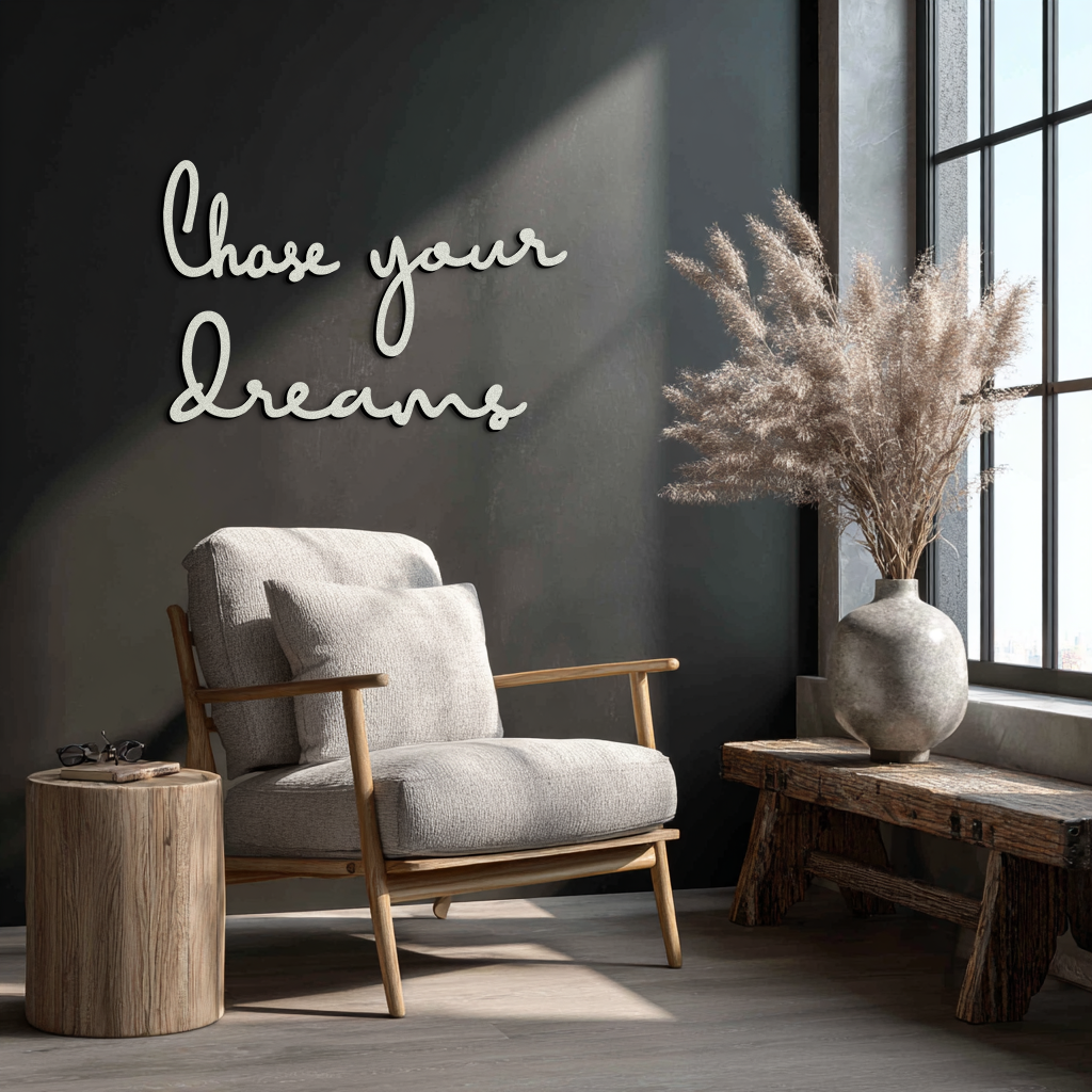 Chase Your Dreams Quote Metal Wall Art – Inspirational Word Sign in Black for Home and Office Decor- KAF454
