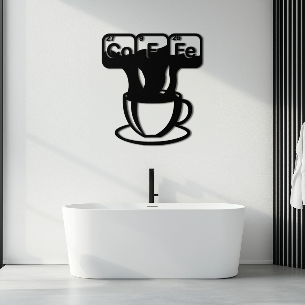 Coffee Elements Chemistry Metal Wall Art – Scientific Coffee Cup Black Steel Decor for Kitchens, Cafés, and Offices- KAF462