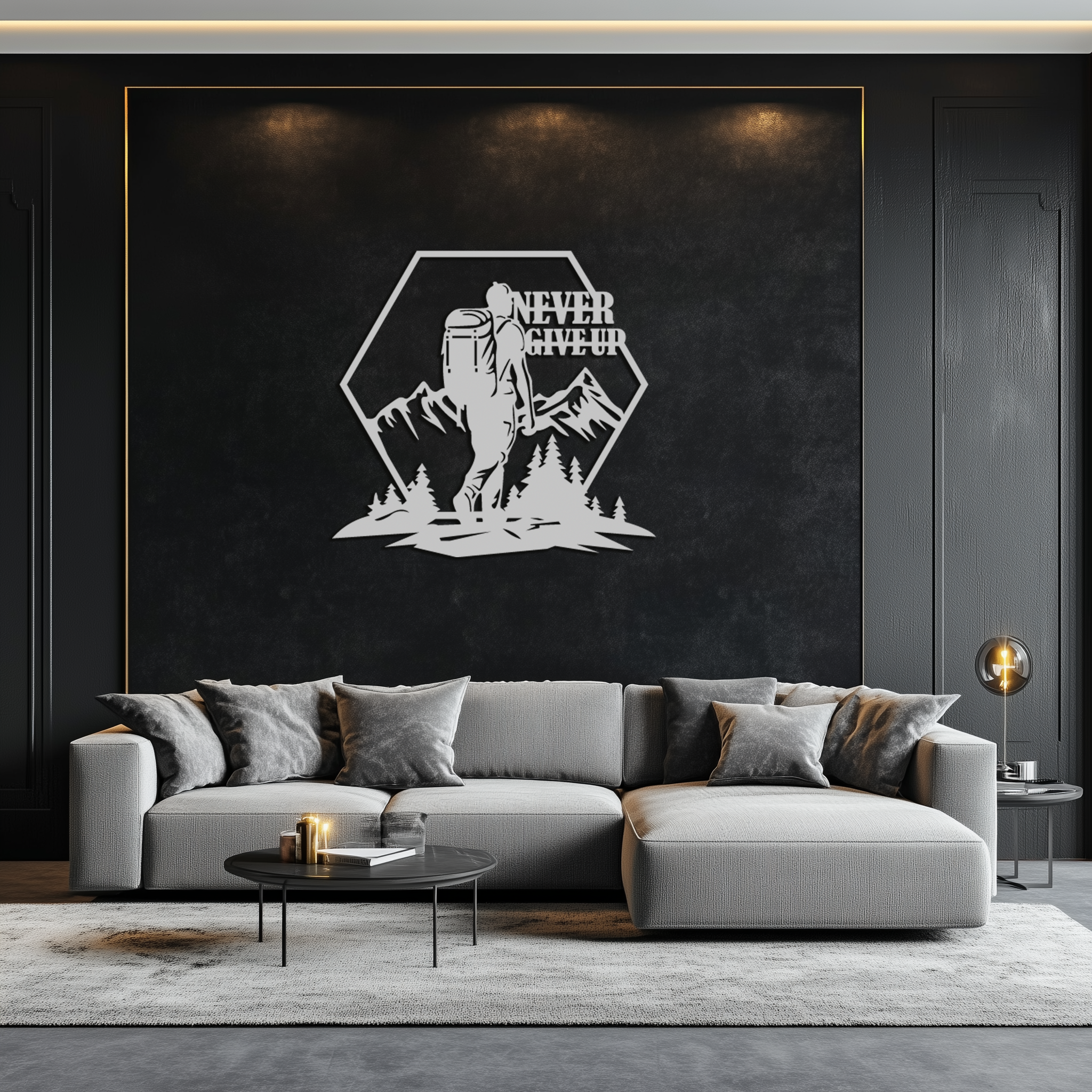 Never Give Up Hiking Metal Wall Art – Motivational Mountain Hiker Black Steel Decor for Adventure Lovers and Outdoor Enthusiasts- KAF463