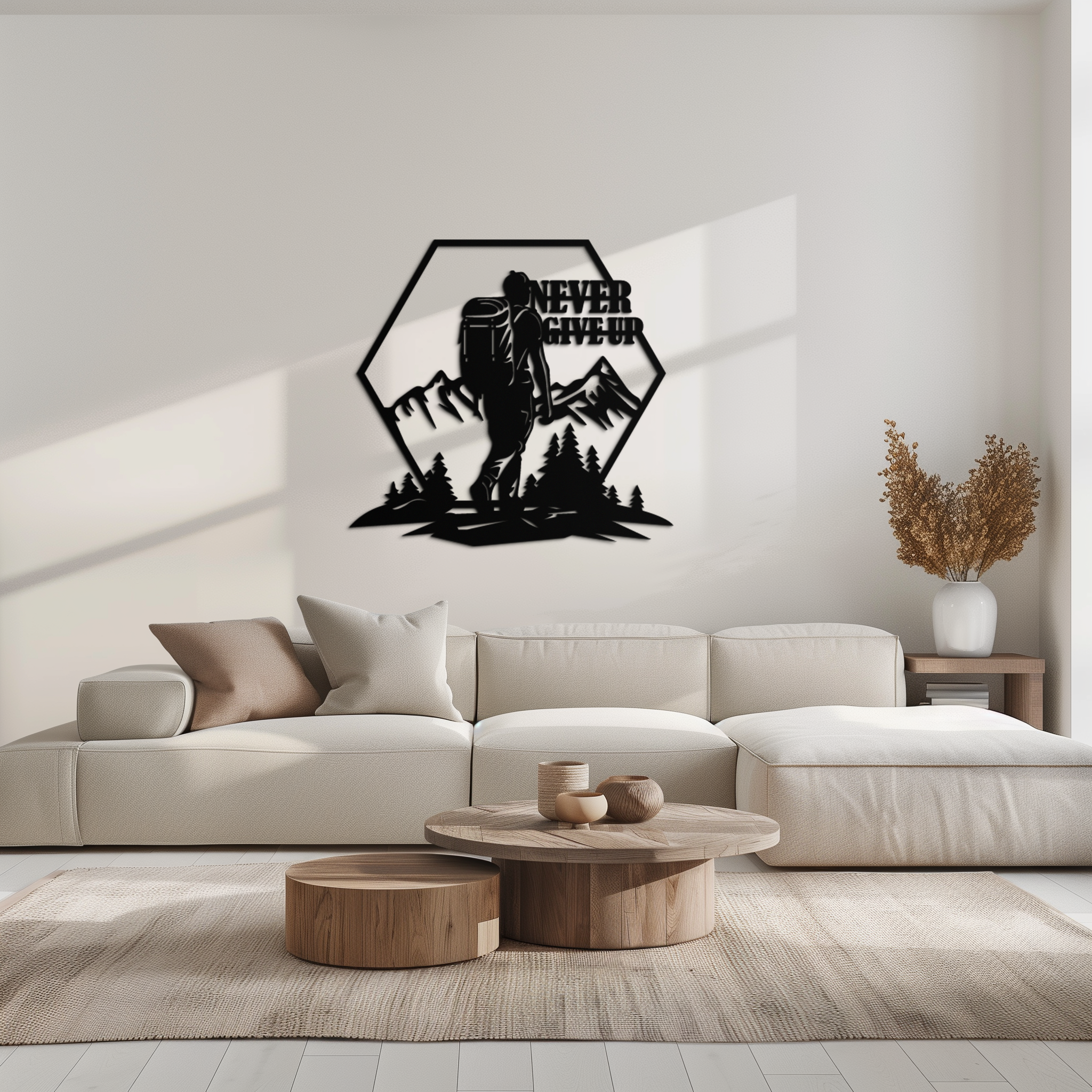 Never Give Up Hiking Metal Wall Art – Motivational Mountain Hiker Black Steel Decor for Adventure Lovers and Outdoor Enthusiasts- KAF463