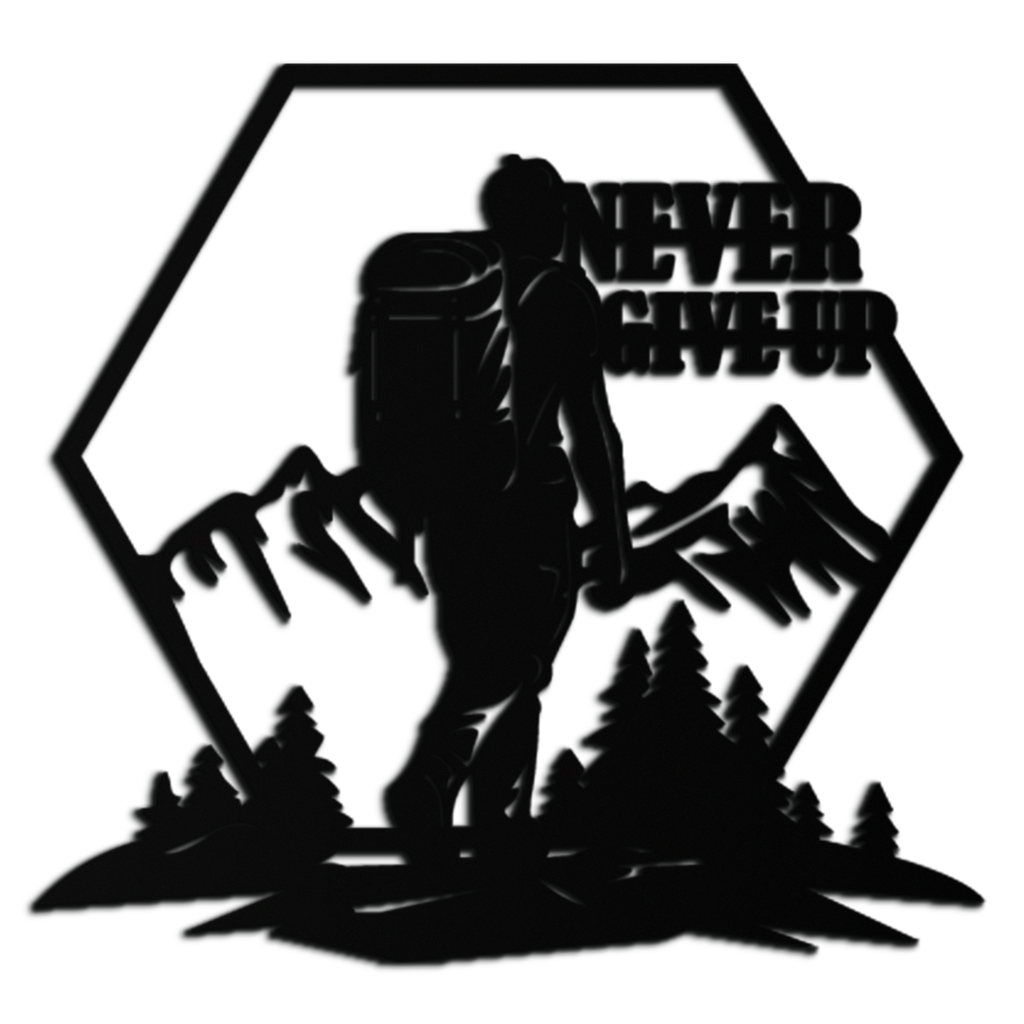 Never Give Up Hiking Metal Wall Art – Motivational Mountain Hiker Black Steel Decor for Adventure Lovers and Outdoor Enthusiasts- KAF463