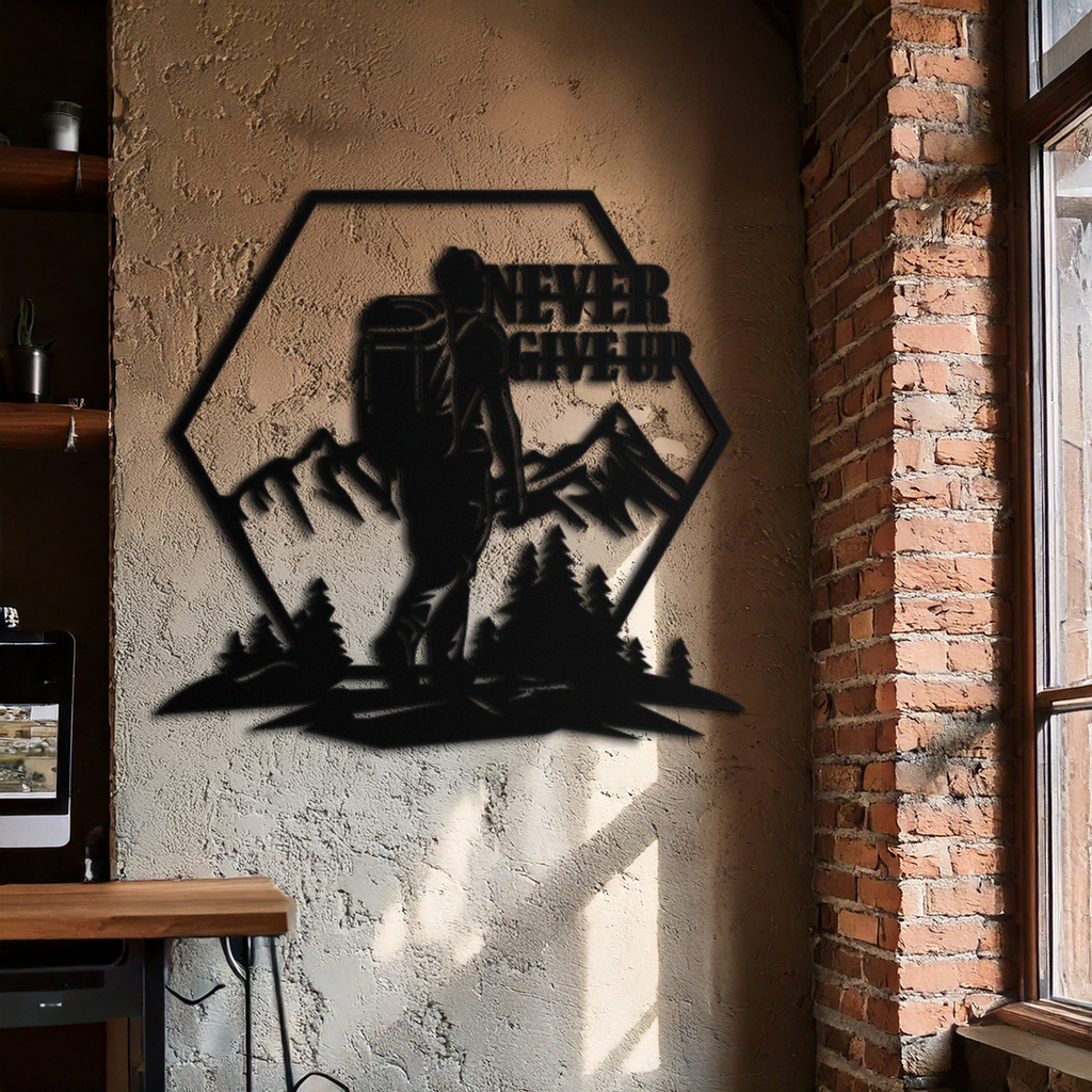 Never Give Up Hiking Metal Wall Art – Motivational Mountain Hiker Black Steel Decor for Adventure Lovers and Outdoor Enthusiasts- KAF463