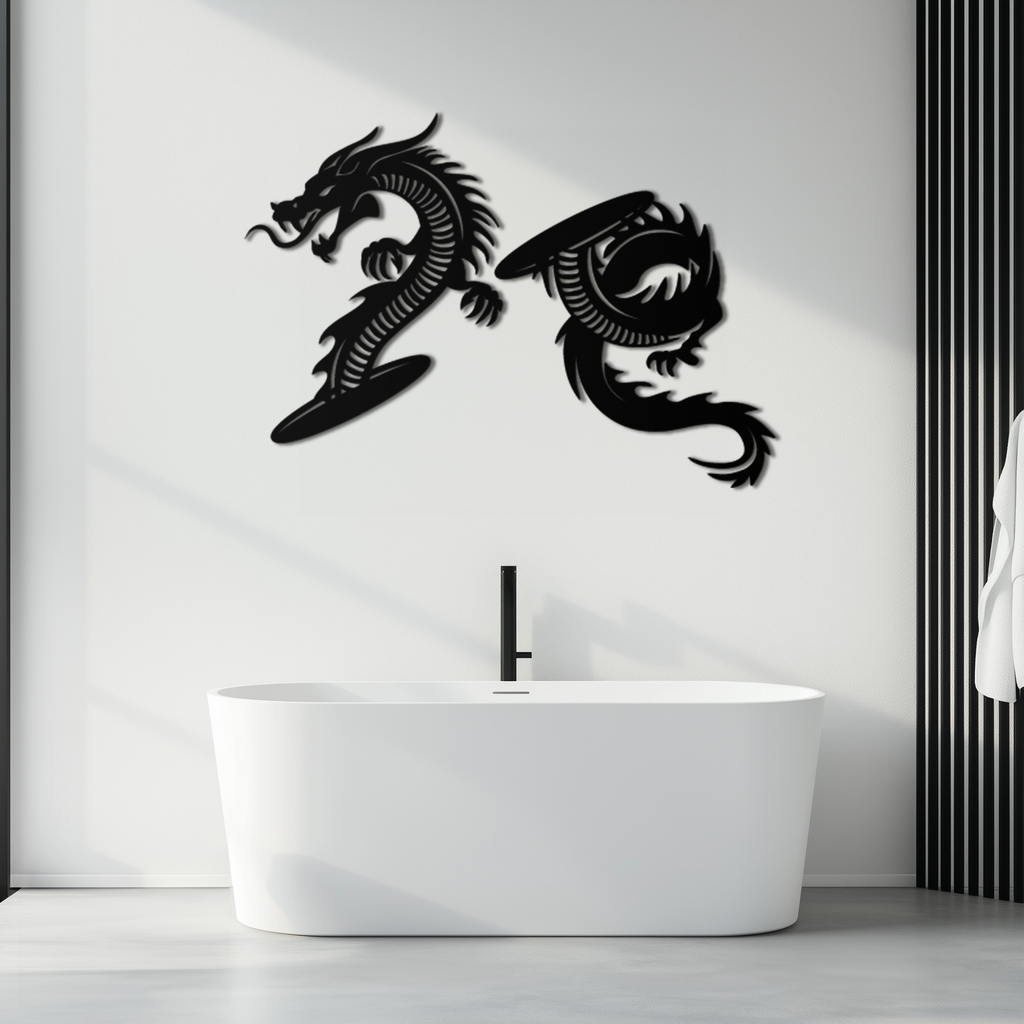 Yin Yang Dragon Duo Metal Wall Art – Eastern-Inspired Black Steel Decor for Modern, Zen and Asian-Themed Interiors- KAF464