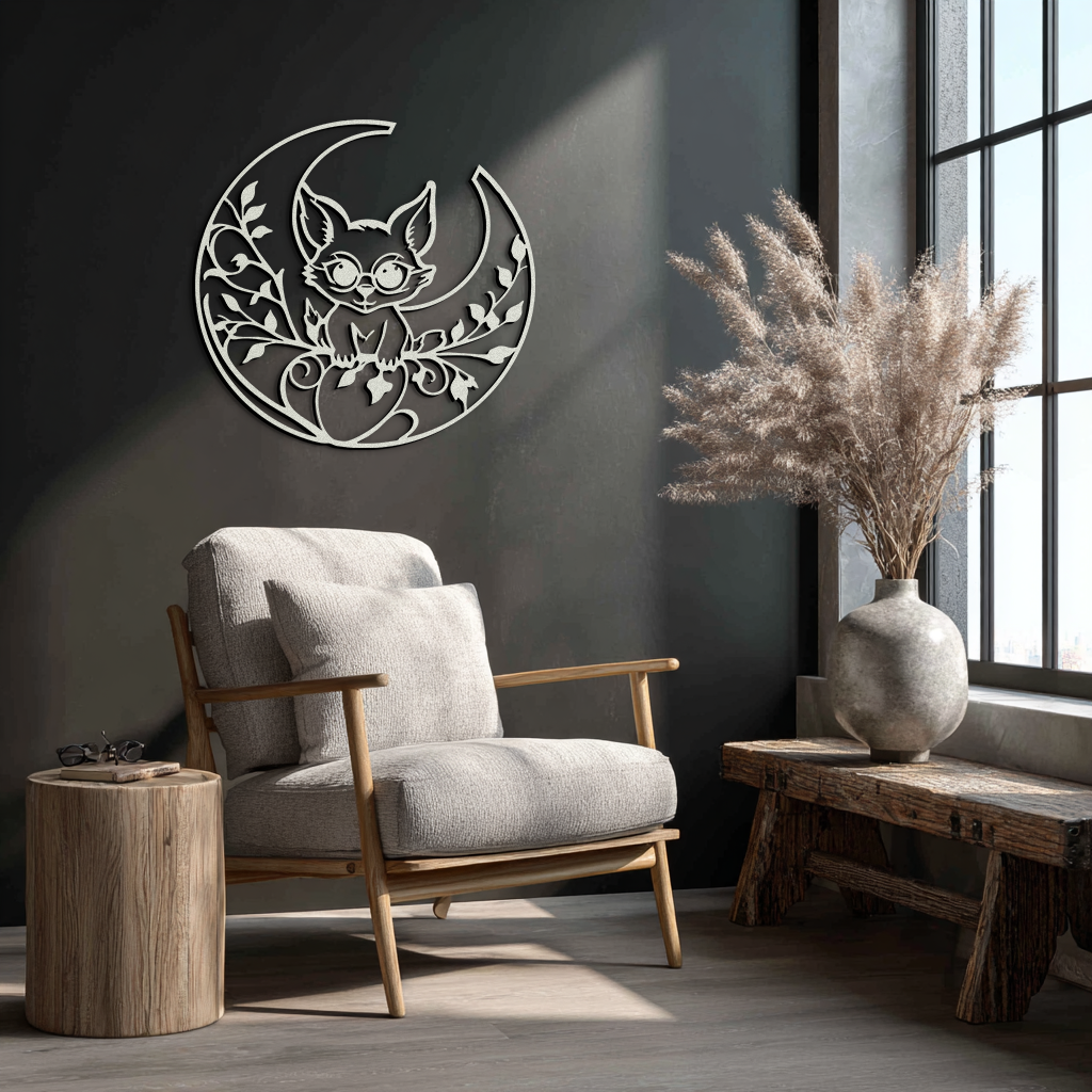 Moon Cat Silhouette Metal Wall Art – Black Steel Whimsical Pet Lover Decor- KAF492