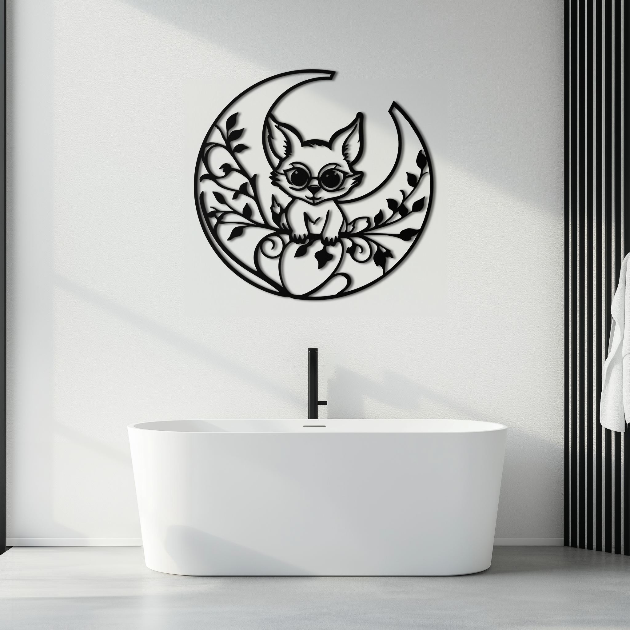 Moon Cat Silhouette Metal Wall Art – Black Steel Whimsical Pet Lover Decor- KAF492