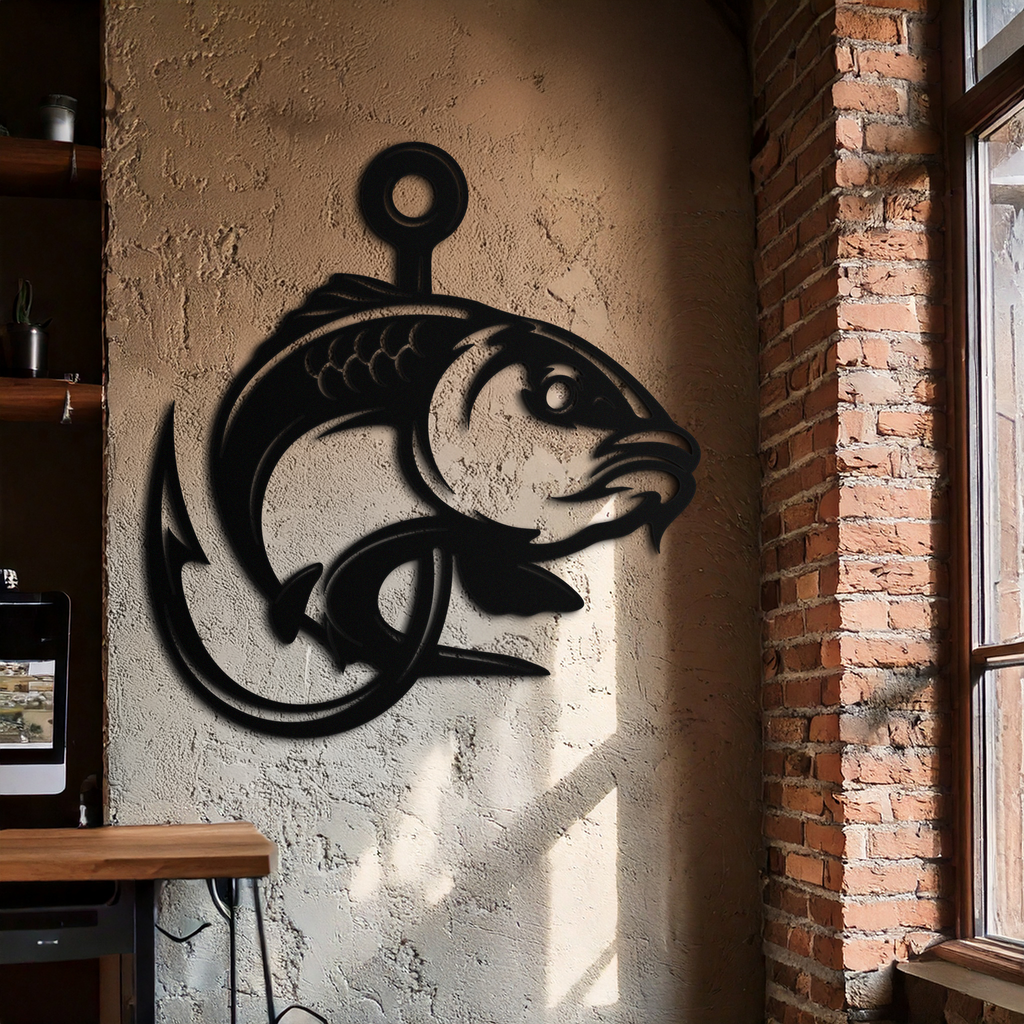 Fishing Hook and Fish Silhouette Metal Wall Art – Black Steel Angler’s Home Decor- KAF495