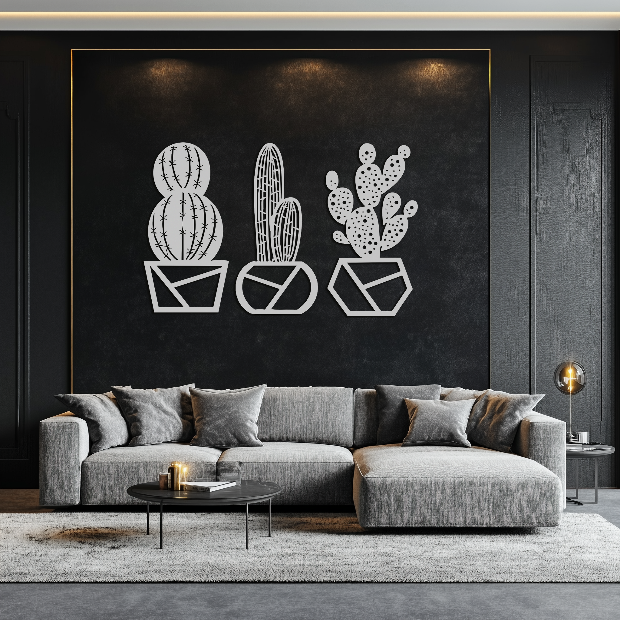 Geometric Cactus Set Metal Wall Art – Modern Black Steel Succulent Decor for Home and Office- KAF518