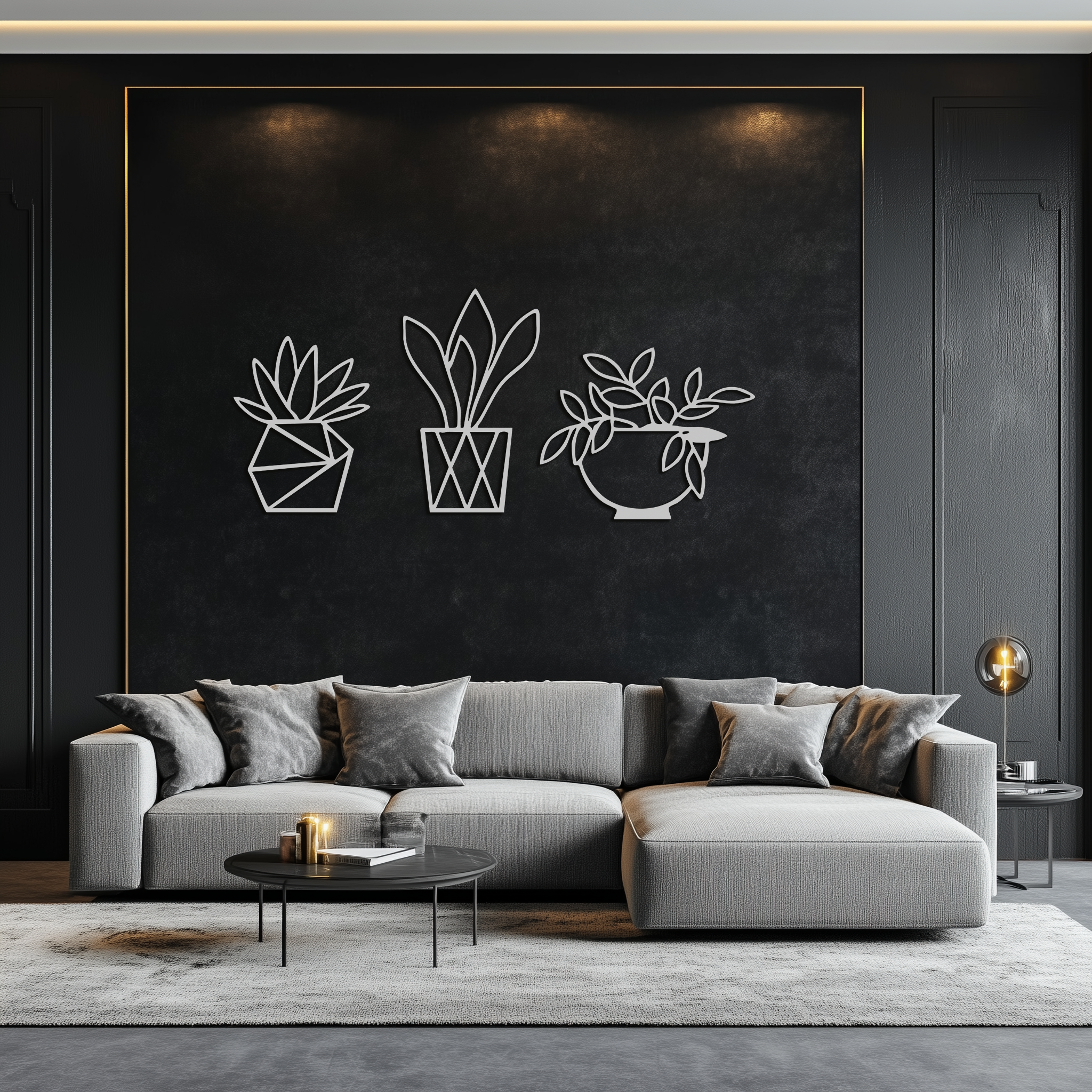 Geometric Plant Silhouette Metal Wall Art – Modern Black Botanical Home Decor- KAF519