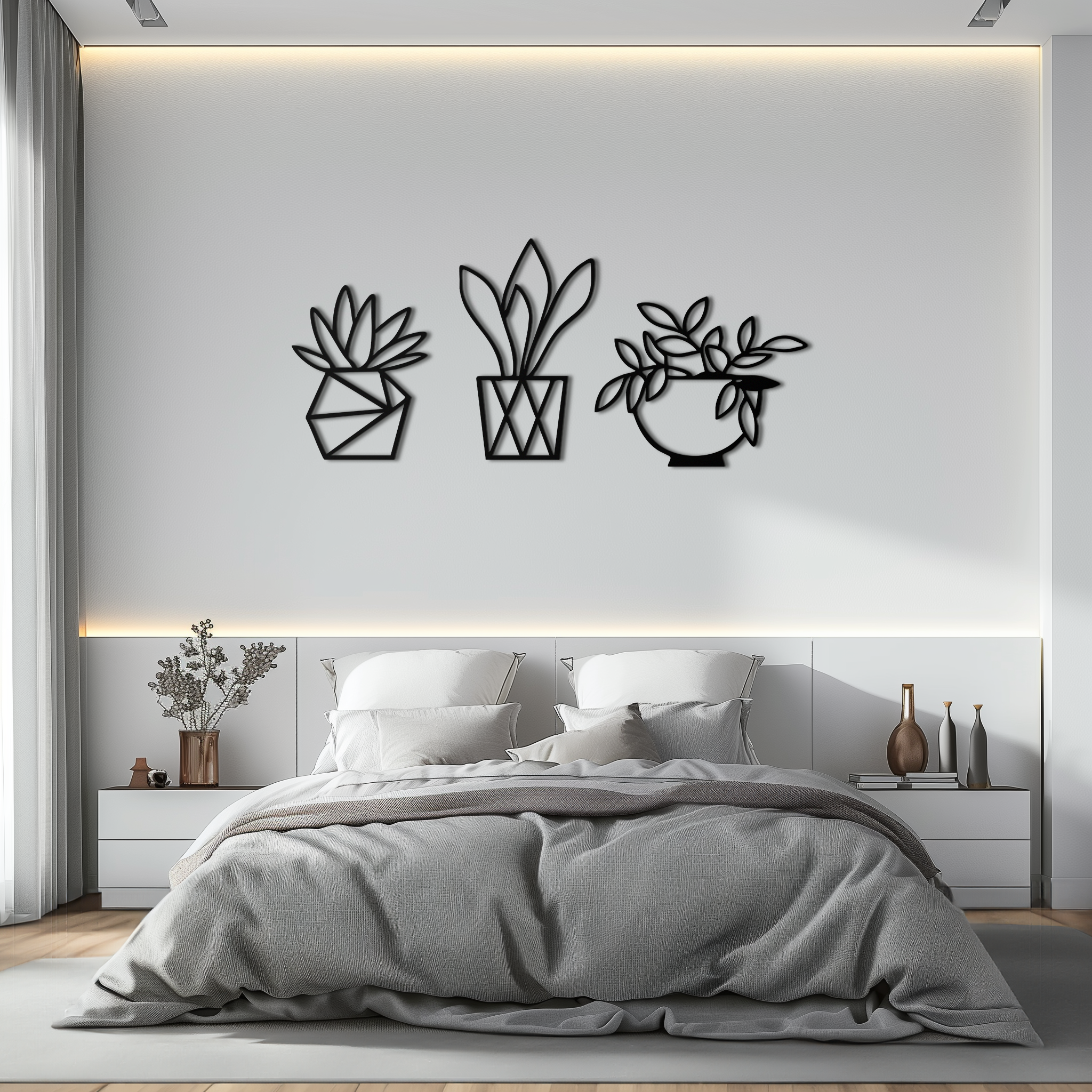 Geometric Plant Silhouette Metal Wall Art – Modern Black Botanical Home Decor- KAF519