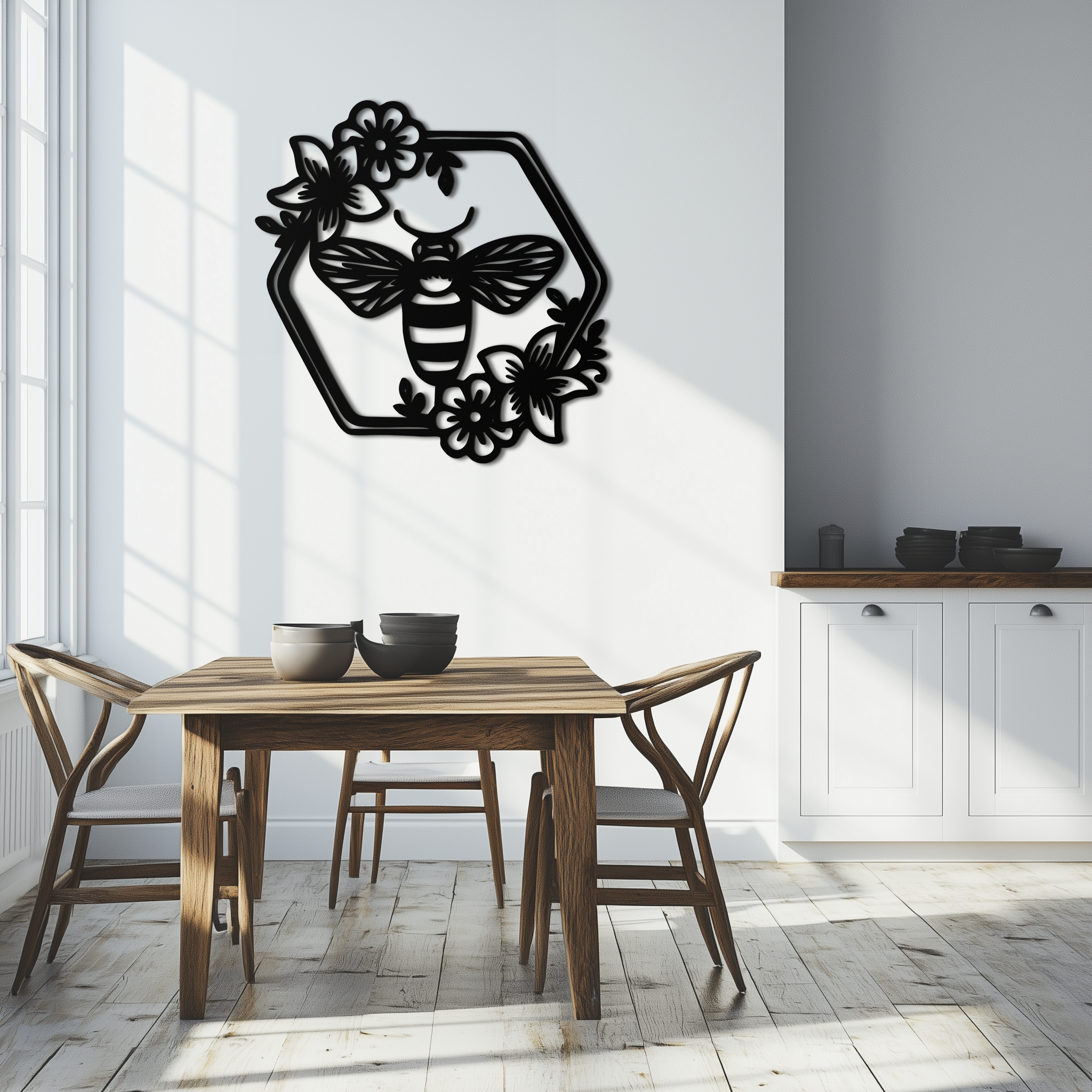 Floral Bee Silhouette Metal Wall Art – Nature Inspired Home Decoration- KAF544