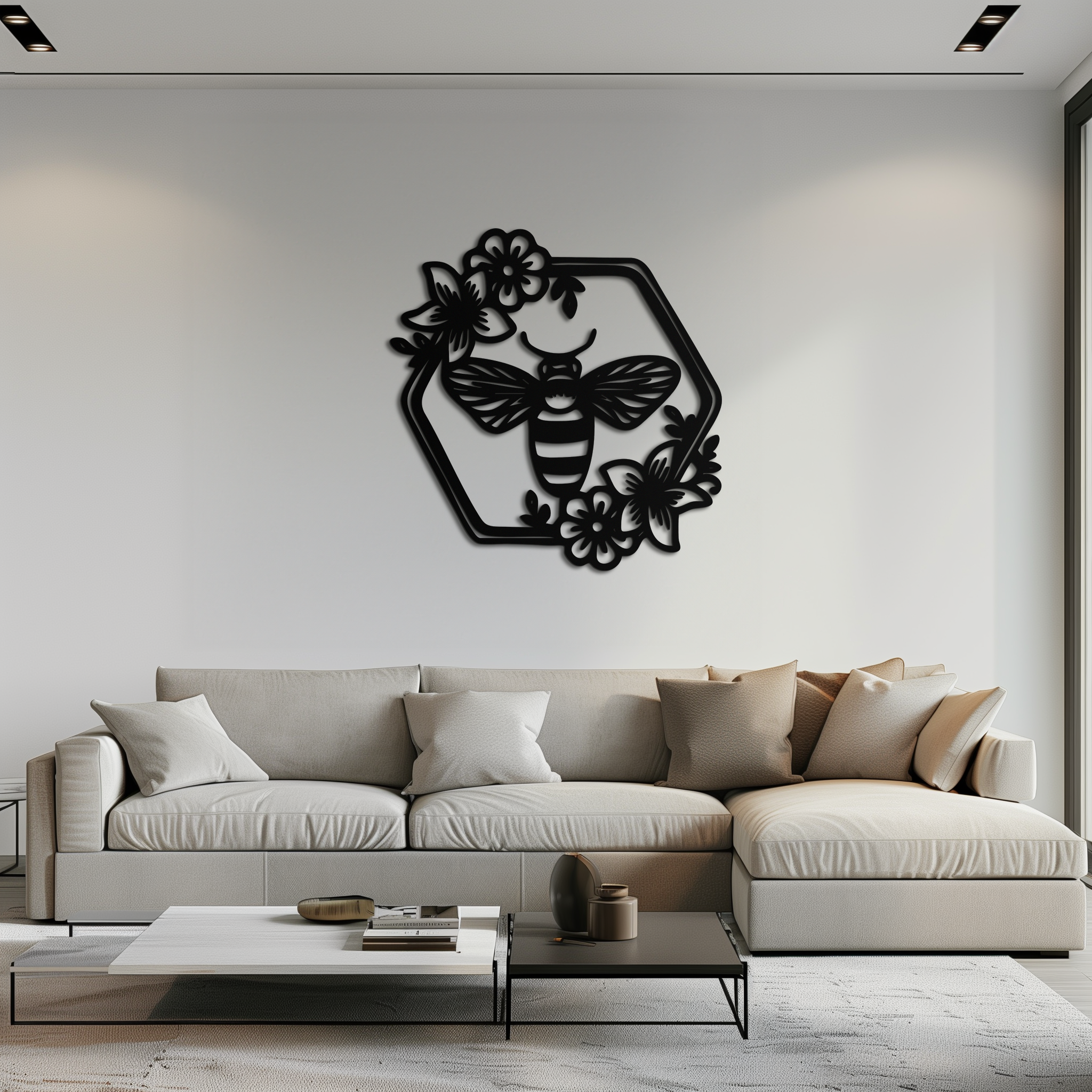 Floral Bee Silhouette Metal Wall Art – Nature Inspired Home Decoration- KAF544