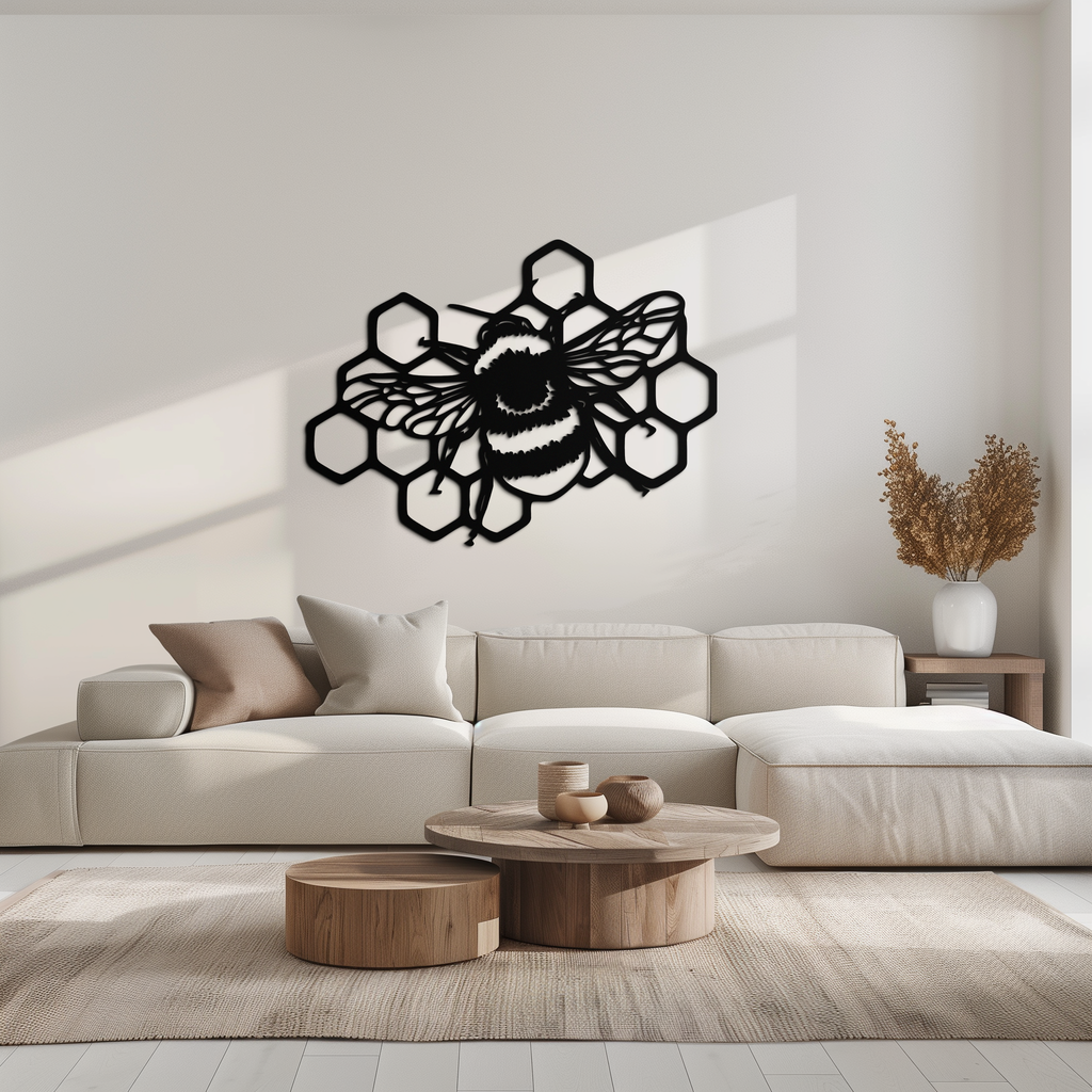 Bumblebee and Honeycomb Silhouette Metal Wall Art – Nature-Inspired Black Bee Decor- KAF545