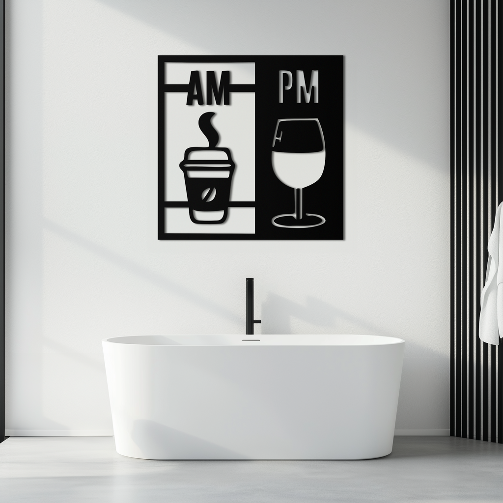 Morning Coffee and Evening Wine Metal Wall Art – AM PM Modern Black Kitchen Decor- KAF547