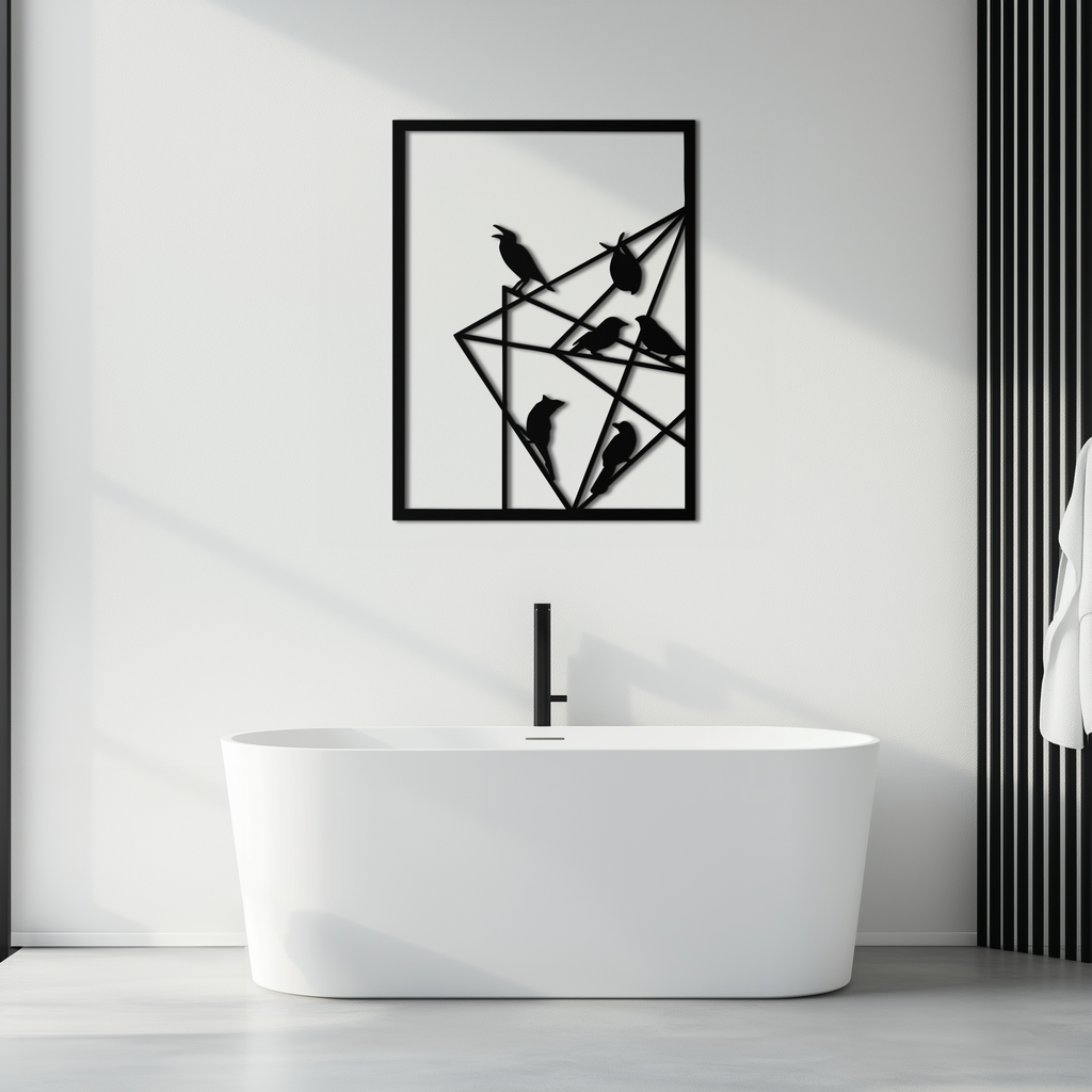 Geometric Birds Gathering Metal Wall Art – Modern Minimalist Black Wall Decor- KAF549