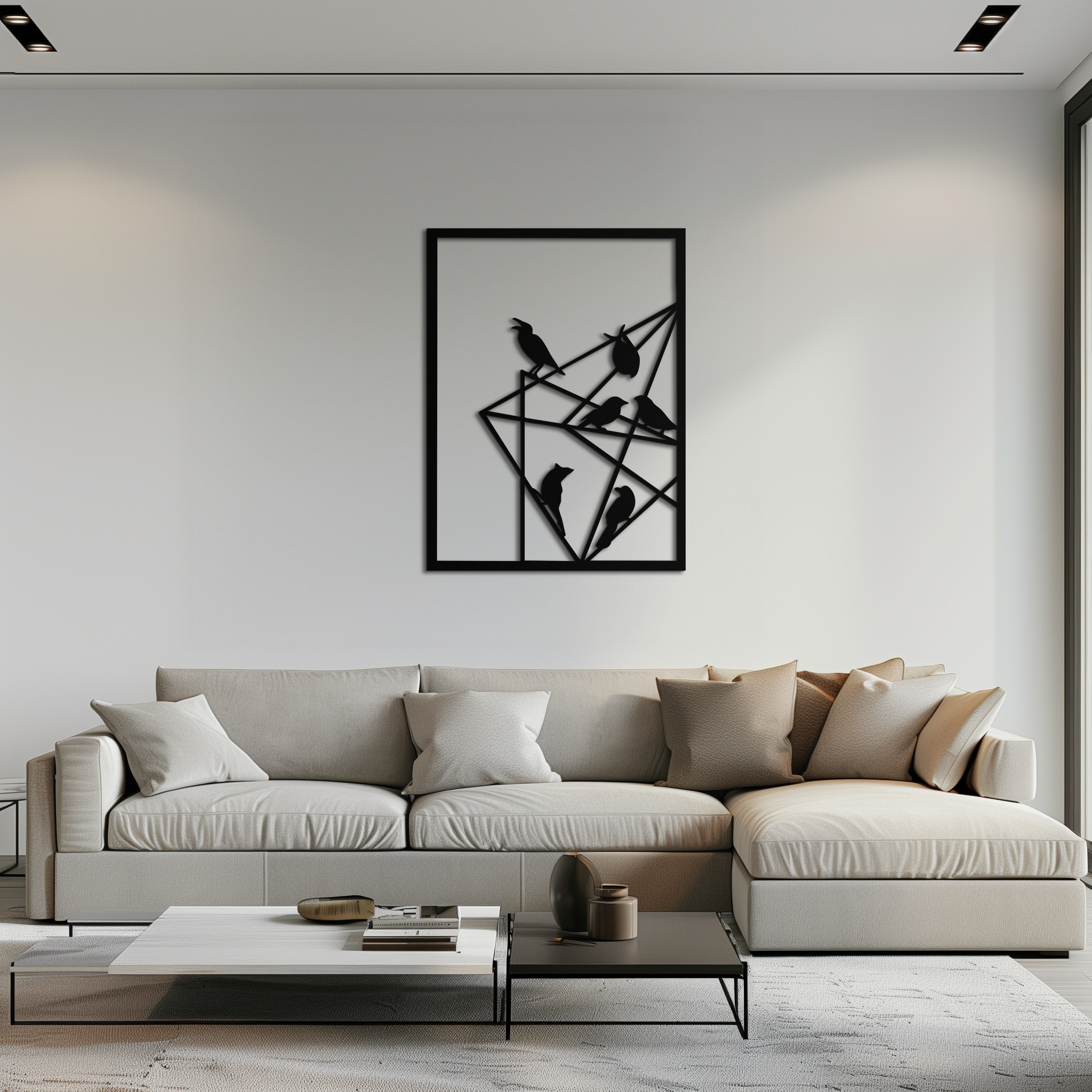 Geometric Birds Gathering Metal Wall Art – Modern Minimalist Black Wall Decor- KAF549