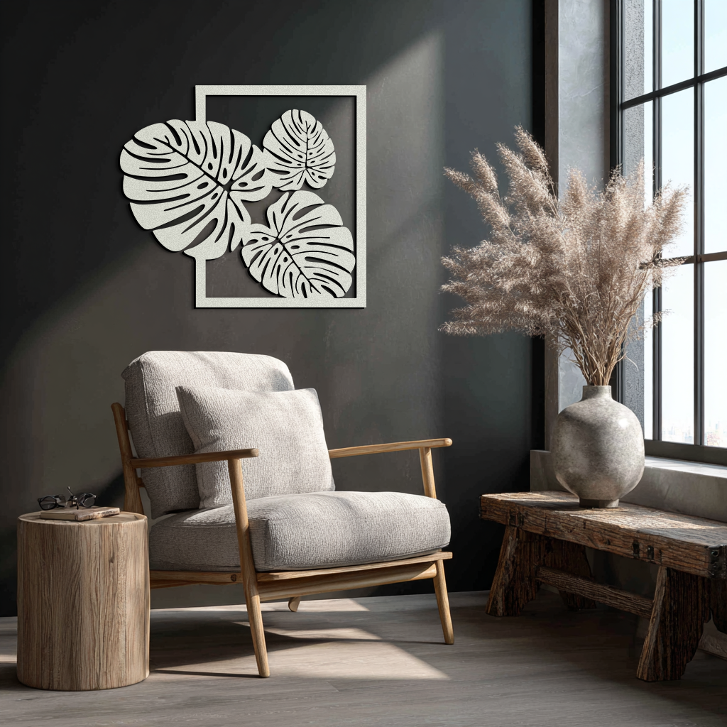 Monstera Leaf Metal Wall Art – Modern Tropical Black Wall Decor for Living Room- KAF552