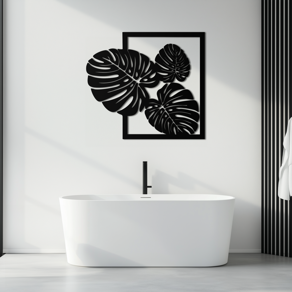 Monstera Leaf Metal Wall Art – Modern Tropical Black Wall Decor for Living Room- KAF552