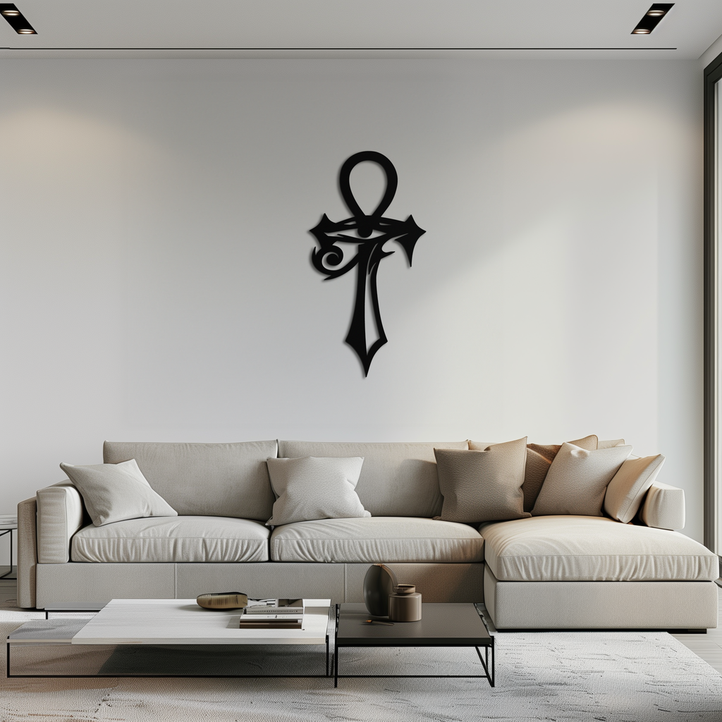 Egyptian Ankh Cross with Eye of Horus Metal Wall Art – Spiritual Symbol Black Wall Decor- KAF557