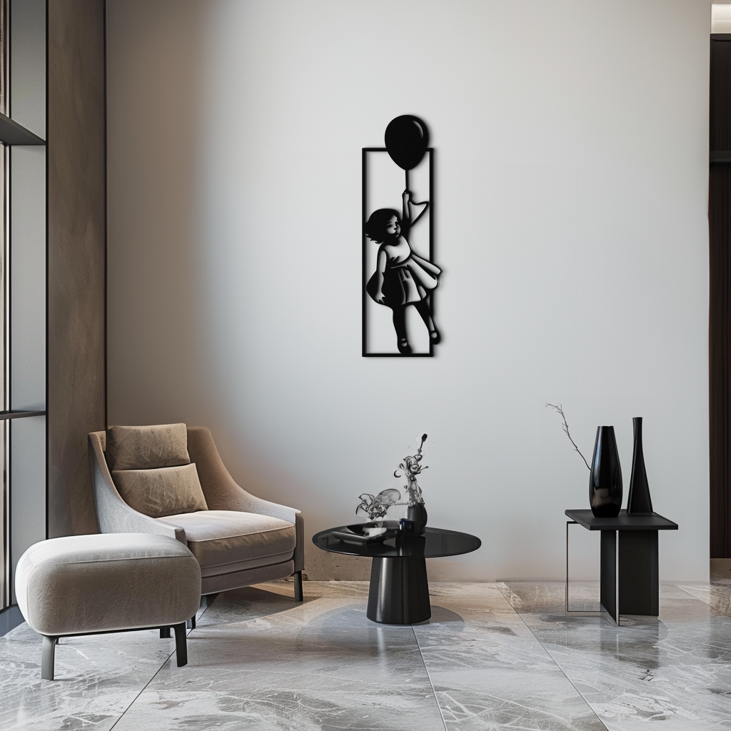 Balloon Girl Silhouette Metal Wall Art – Whimsical Modern Home Decor- KAF563