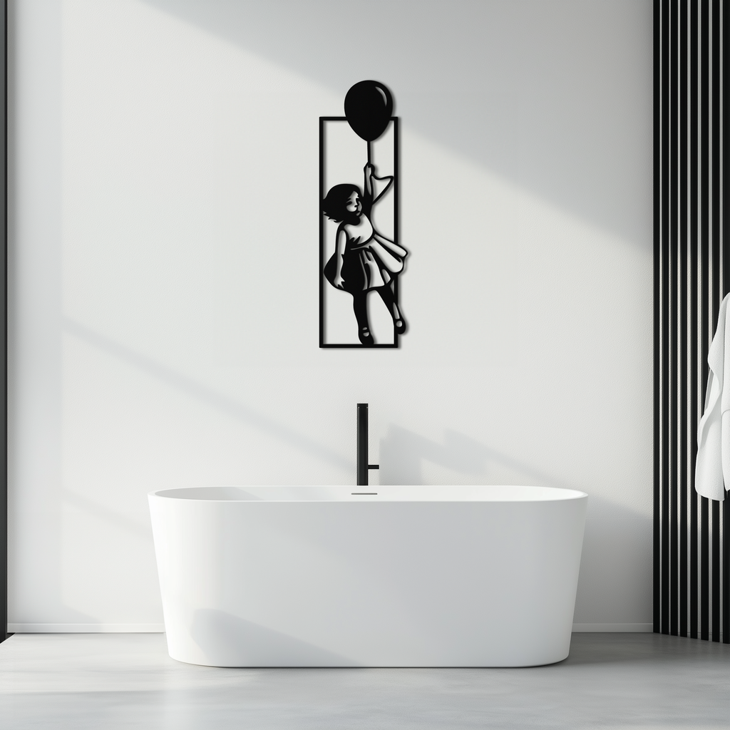 Balloon Girl Silhouette Metal Wall Art – Whimsical Modern Home Decor- KAF563