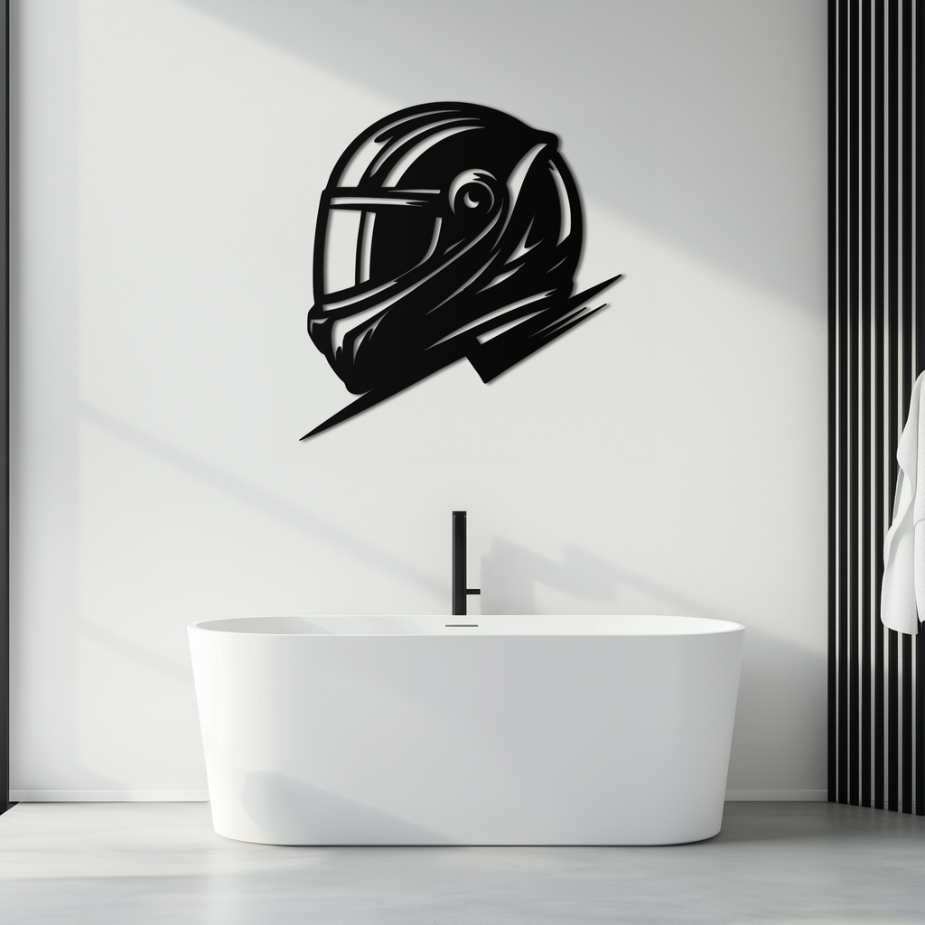 Racing Helmet Silhouette Metal Wall Art – Modern Motorsport Home Decor- KAF565