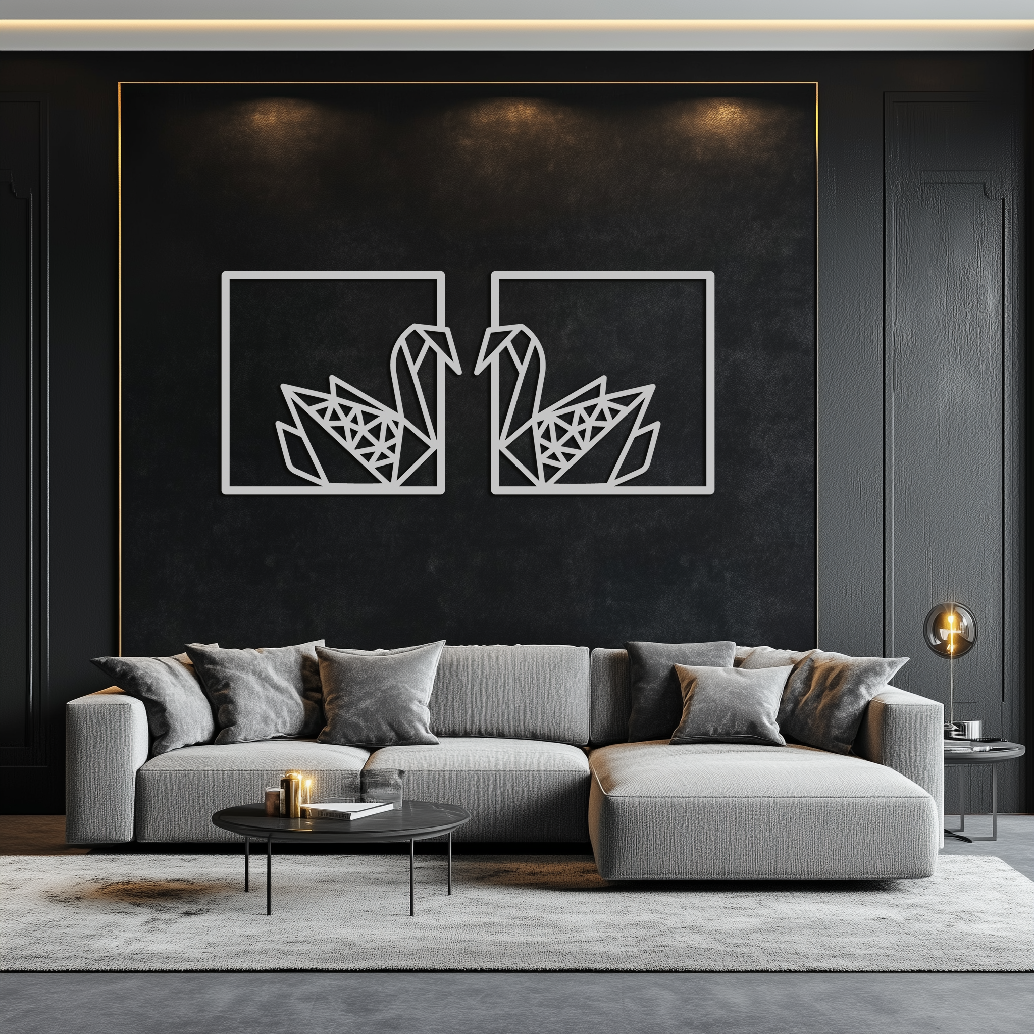 Origami Swan Couple Metal Wall Art – Geometric Mirrored Swan Design for Modern Interiors- KAF581