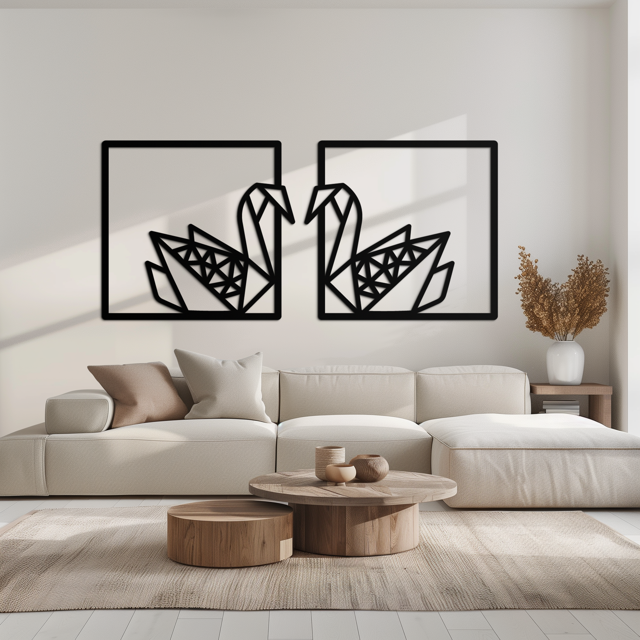 Origami Swan Couple Metal Wall Art – Geometric Mirrored Swan Design for Modern Interiors- KAF581