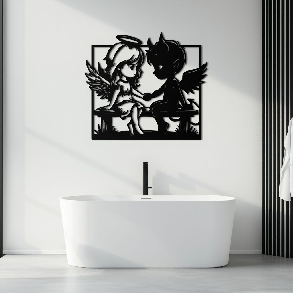 Angel and Devil Holding Hands Metal Wall Art – Whimsical Love Contrast Silhouette- KAF591