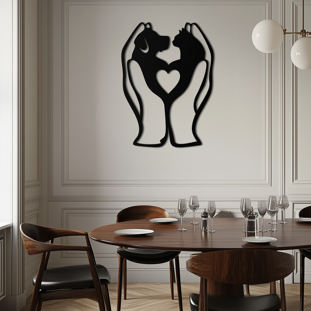 Dog and Cat in Hand Metal Wall Art – Heartwarming Pet Love Decor for Animal Lovers- KAF593
