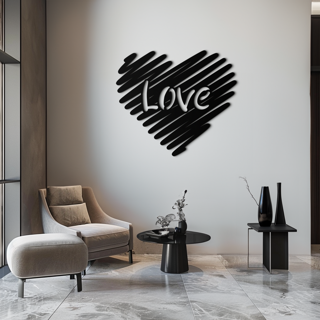 Love Heart Scribble Metal Wall Art – Romantic Handwritten Typography Home Decor- KAF599