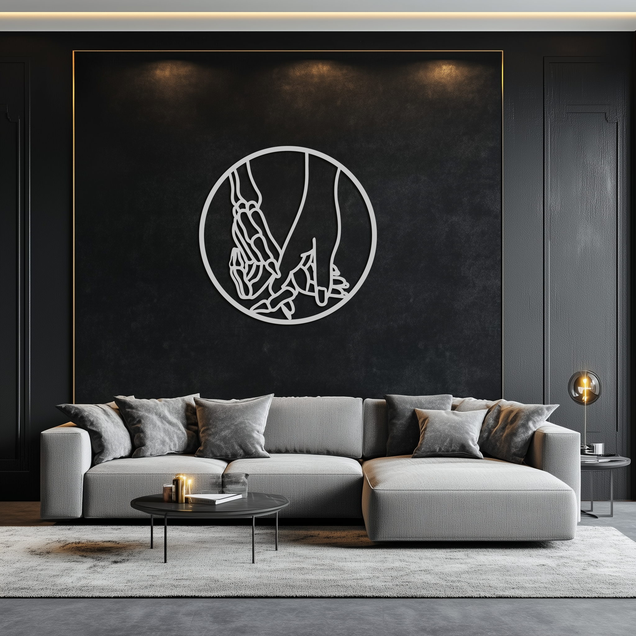 Skeleton and Human Hand Holding – Round Metal Wall Art- KAF628