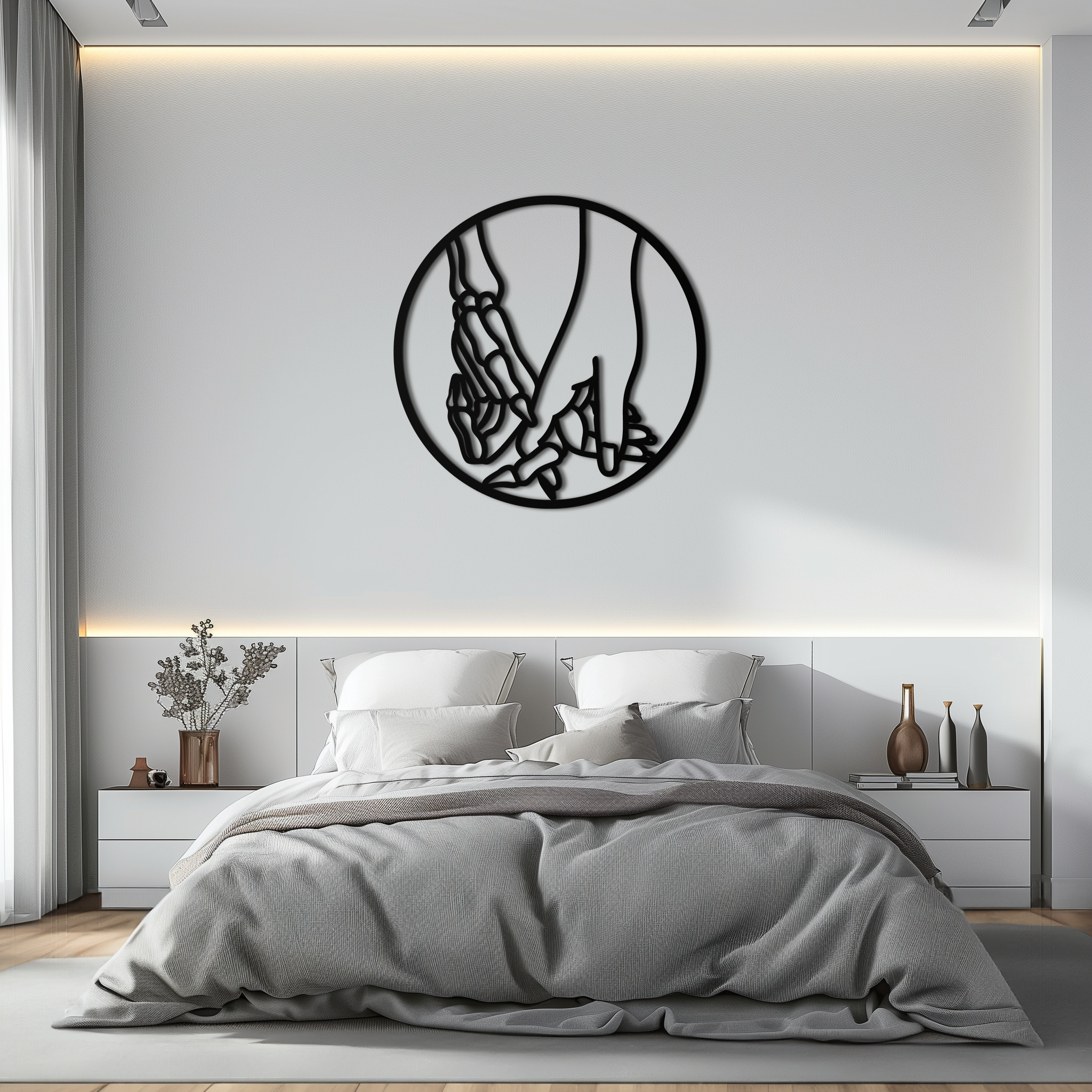 Skeleton and Human Hand Holding – Round Metal Wall Art- KAF628