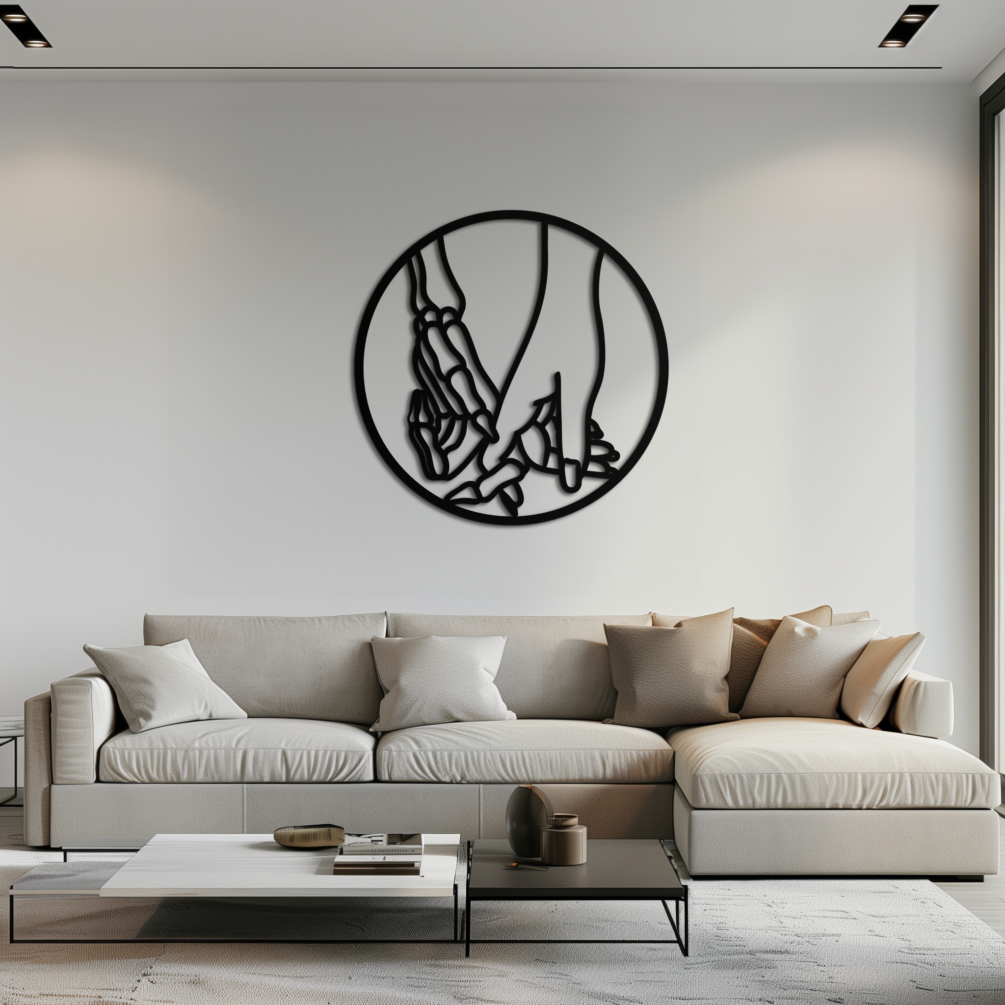Skeleton and Human Hand Holding – Round Metal Wall Art- KAF628