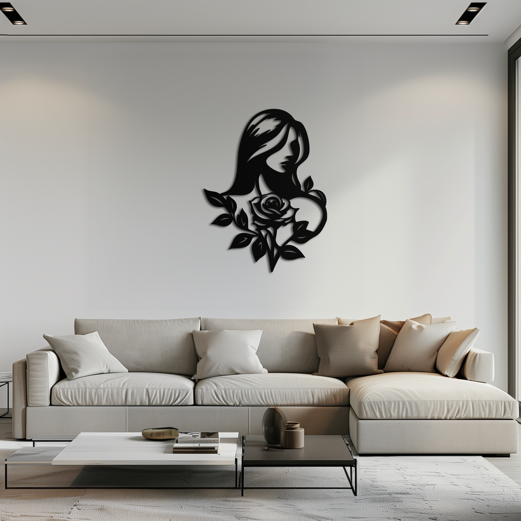 Woman and Rose Silhouette Metal Wall Art – Floral Line Art Metal Decor- KAF633