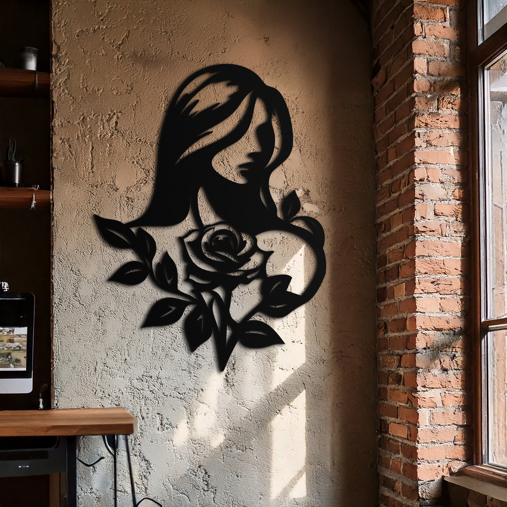 Woman and Rose Silhouette Metal Wall Art – Floral Line Art Metal Decor- KAF633
