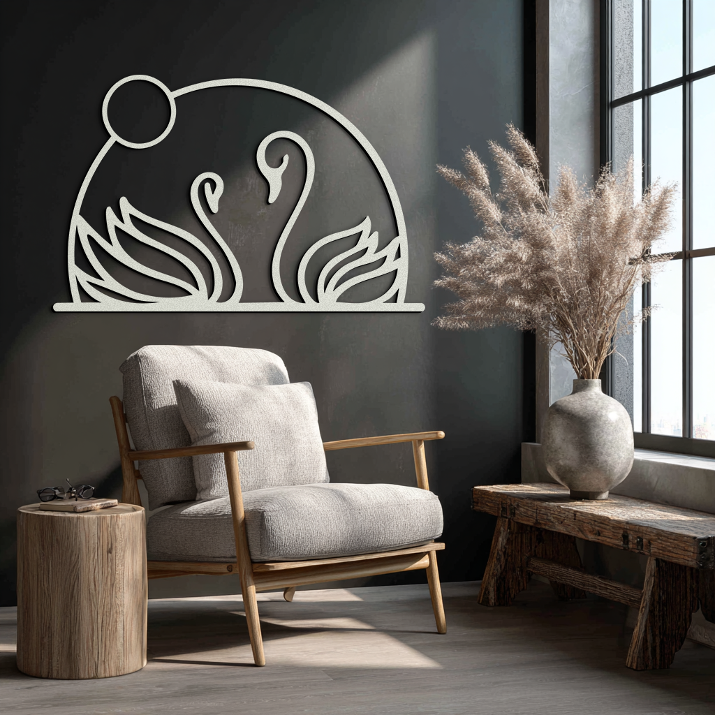 Elegant Swan Couple Silhouette Metal Wall Art – Romantic Bird Design for Home Decor- KAF634