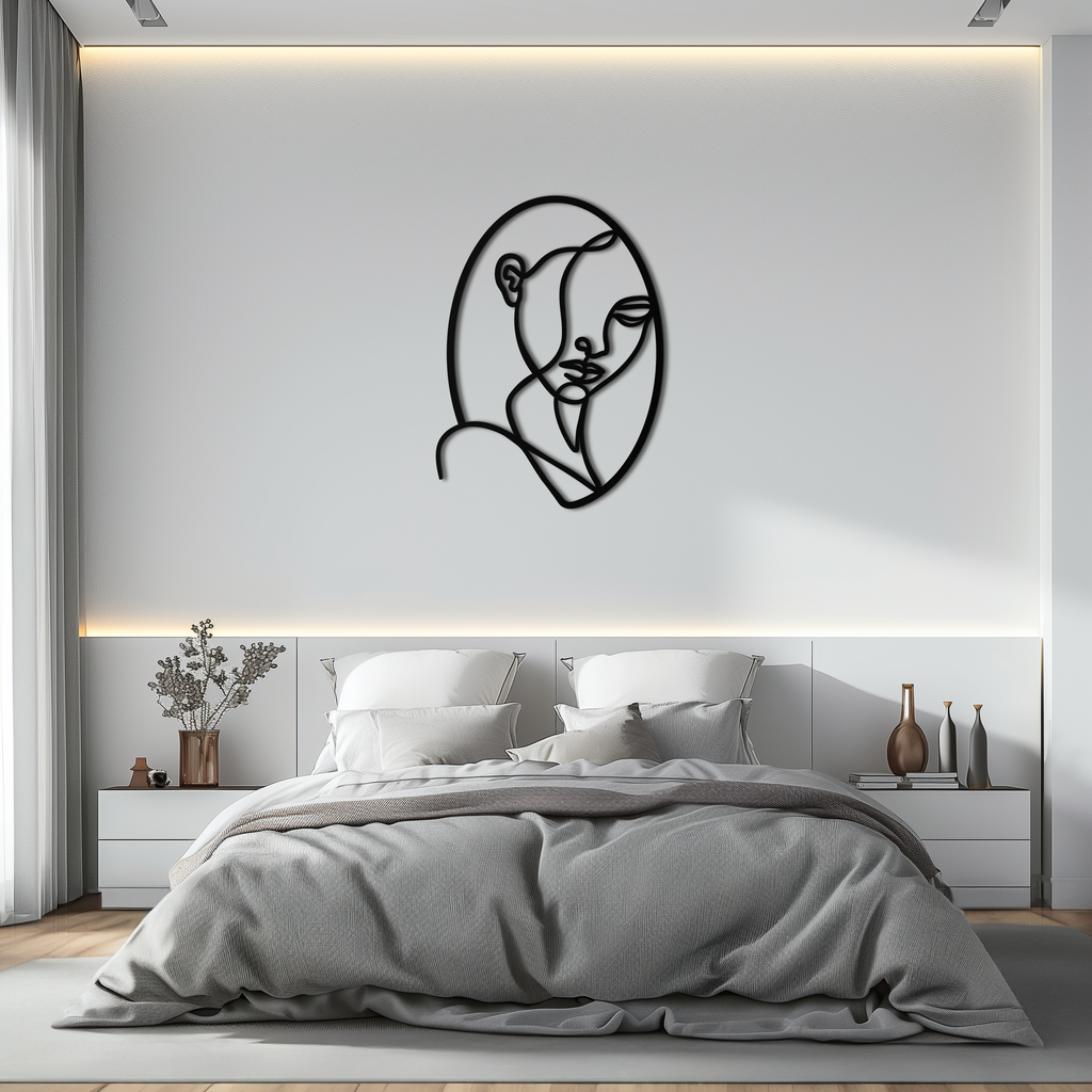 Abstract Woman Face Line Art – Minimalist Metal Wall Decor in Oval Frame- KAF635